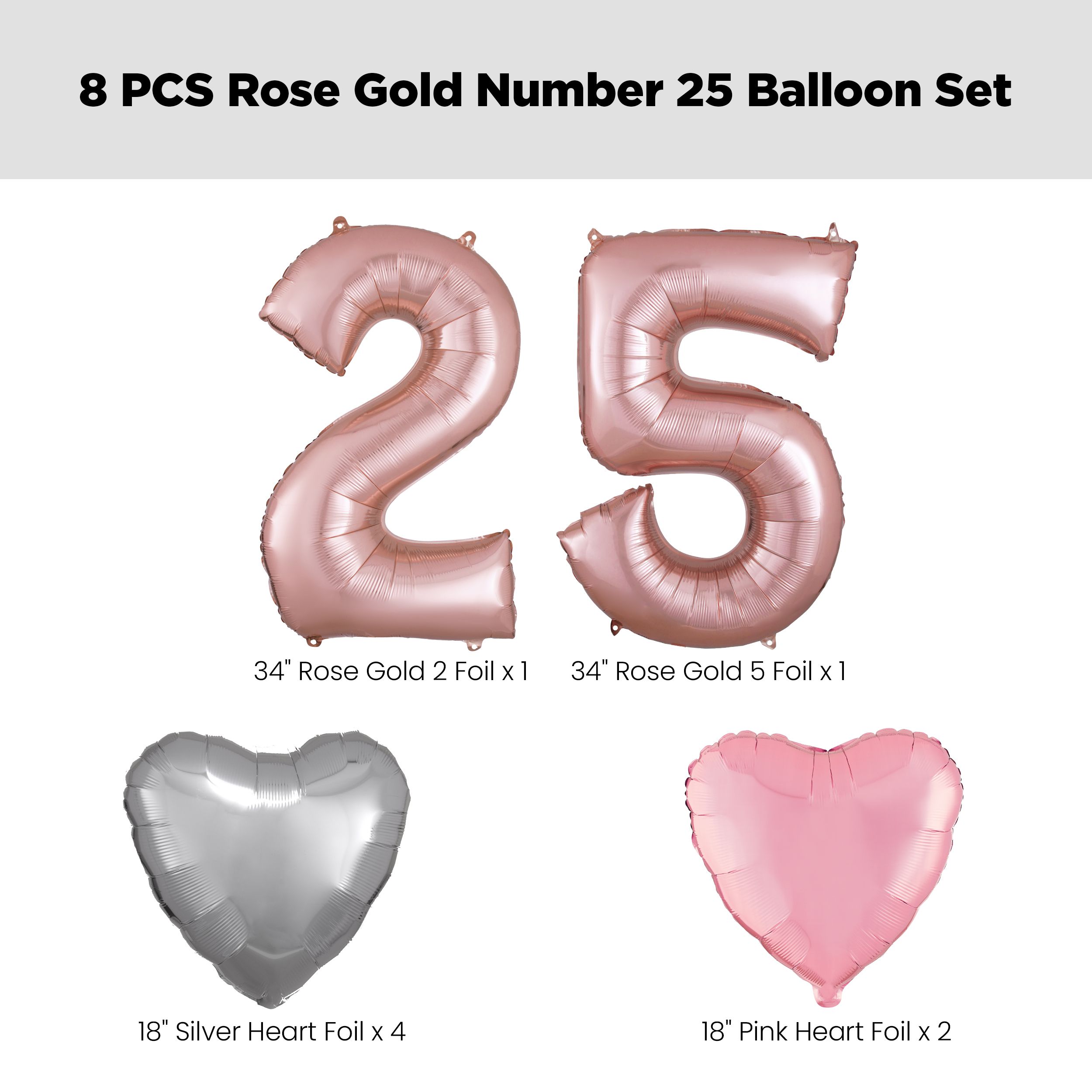 Number "25" Rose Gold Balloon Bouquet with Heart Foil Balloons, Silver/Pink, 8-pk, Helium Inflation & Ribbon Included for Birthday/Anniversary Front_Flat