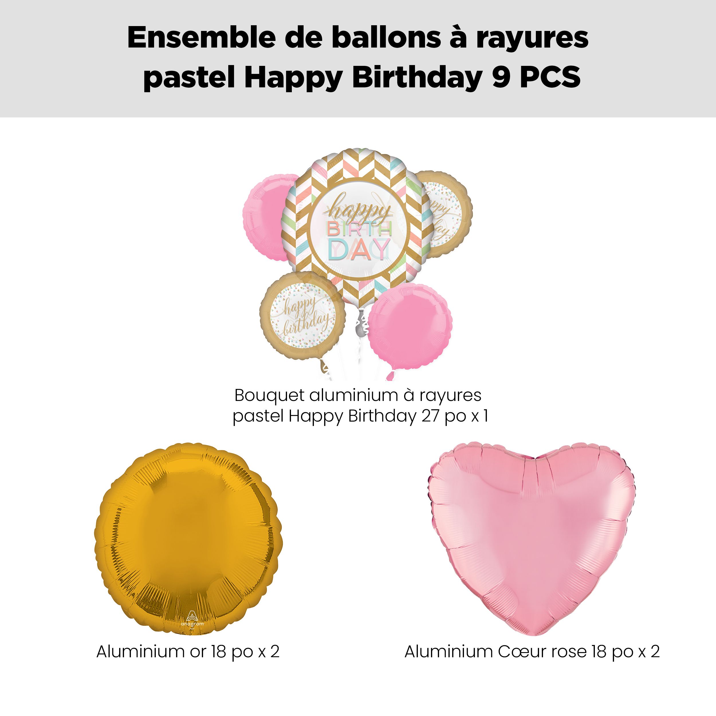 Bouquet de ballon géant à rayures pastel Happy Birthday avec ballons en aluminium ronds et coeurs roses et dorés, 9 pièces, gonflage à l'hélium et ruban inclus Front_Flat