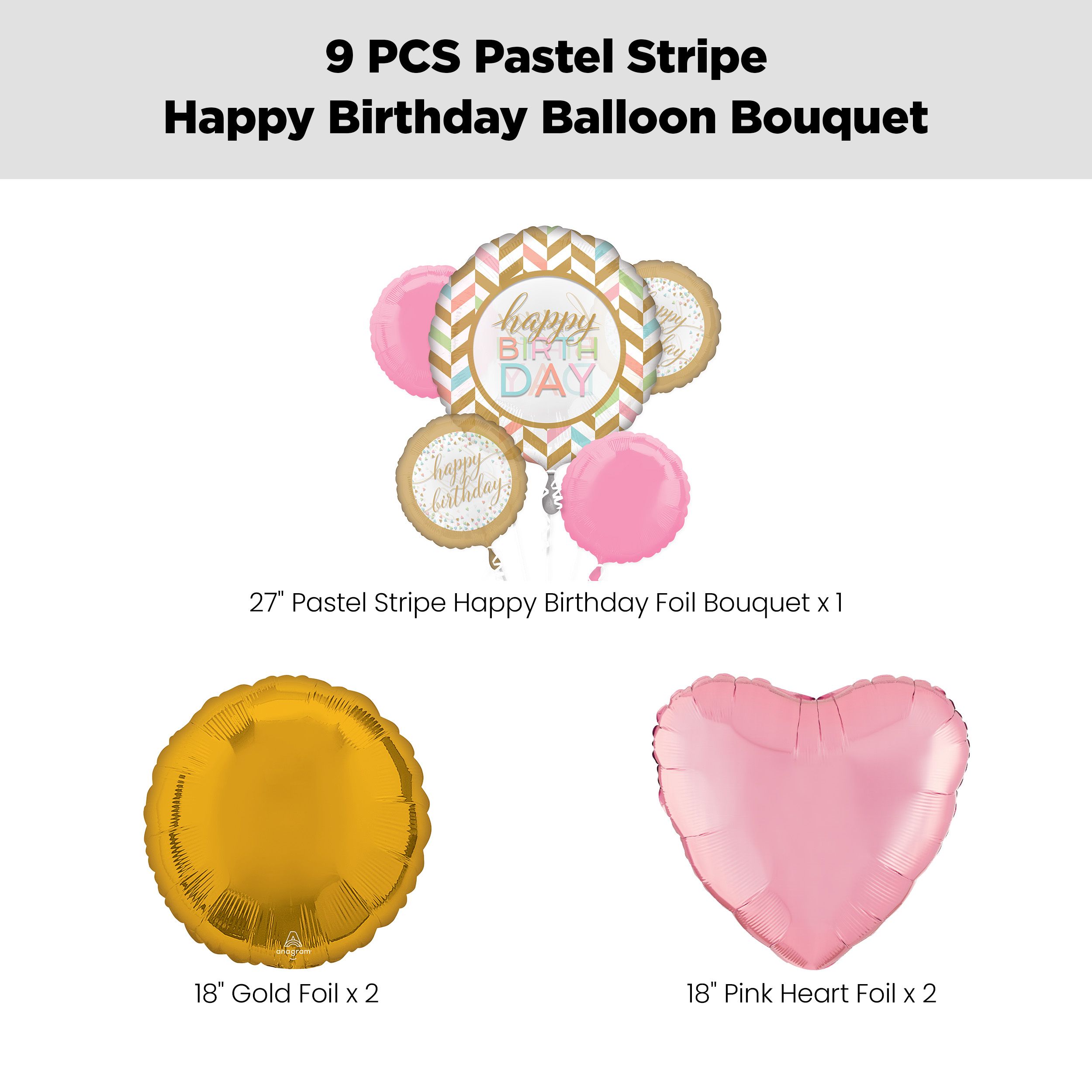 “Happy Birthday” Pastel Stripe Jumbo Balloon Bouquet with Round and Heart Foil Balloons, Pink and Gold, 9-pk, Helium Inflation & Ribbon Included Front_Flat