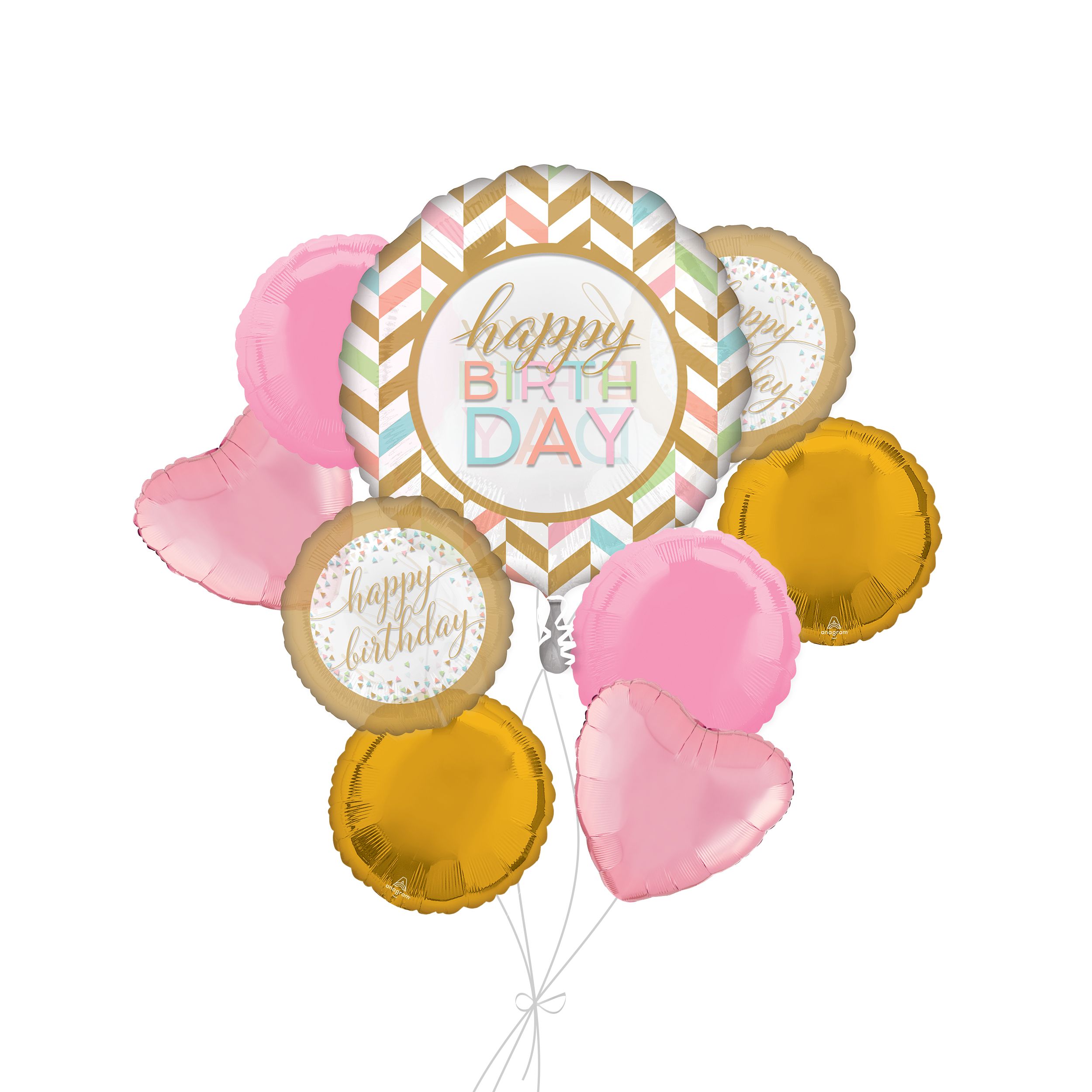 “Happy Birthday” Pastel Stripe Jumbo Balloon Bouquet with Round and Heart Foil Balloons, Pink and Gold, 9-pk, Helium Inflation & Ribbon Included Front_Flat