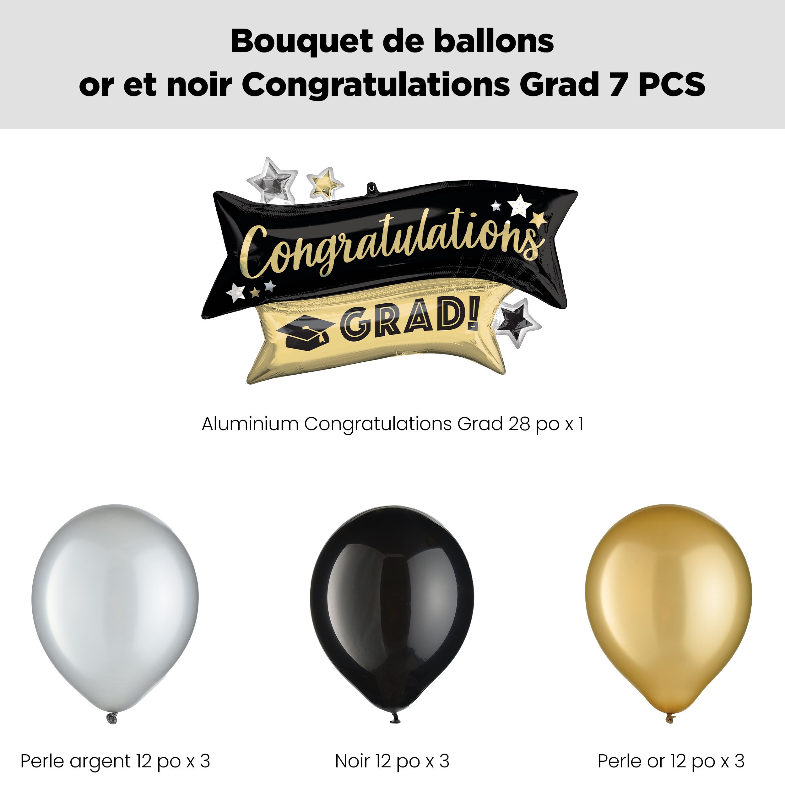 Bouquet de ballons en forme super «&nbsp;Congrats Grad!&nbsp;» avec ballons en latex noirs, dorés et argentés, paq. 7, gonflage à l’hélium et ruban inclus Front_Flat