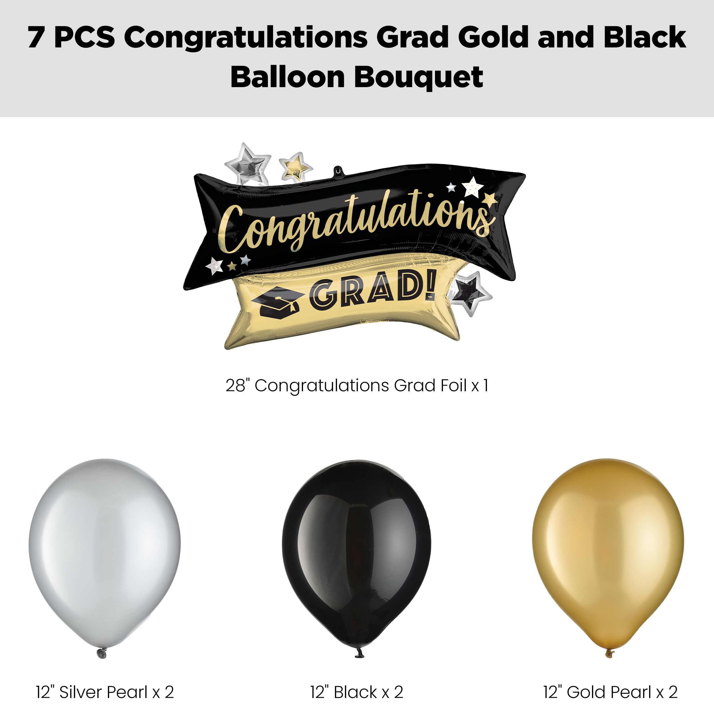 “Congratulations Grad!” Supershape Balloon Bouquet with Latex Balloons, Black/Gold/Silver, 7-pk, Helium Inflation & Ribbon Included Front_Flat