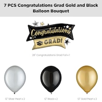 ¿Congratulations Grad!¿ Supershape Balloon Bouquet with Latex Balloons, Black/Gold/Silver, 7-pk, Helium Inflation & Ribbon Included