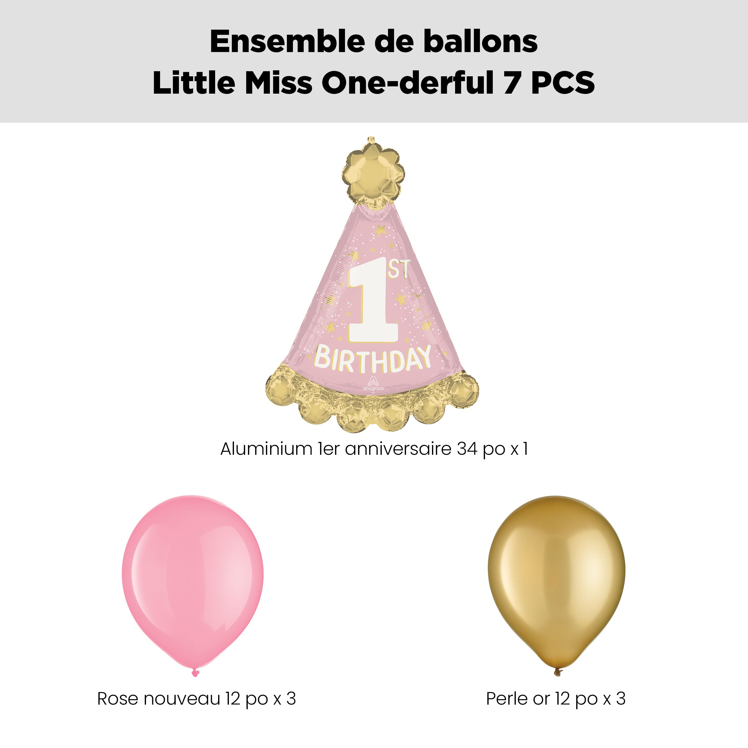 Bouquet de ballon géant Little Miss One-derful 1st Birthday avec ballons en latex nouveau rose et dorés, 7 pièces, gonflement à l'hélium et ruban inclus, pour fête d’anniversaire d’enfant Front_Flat