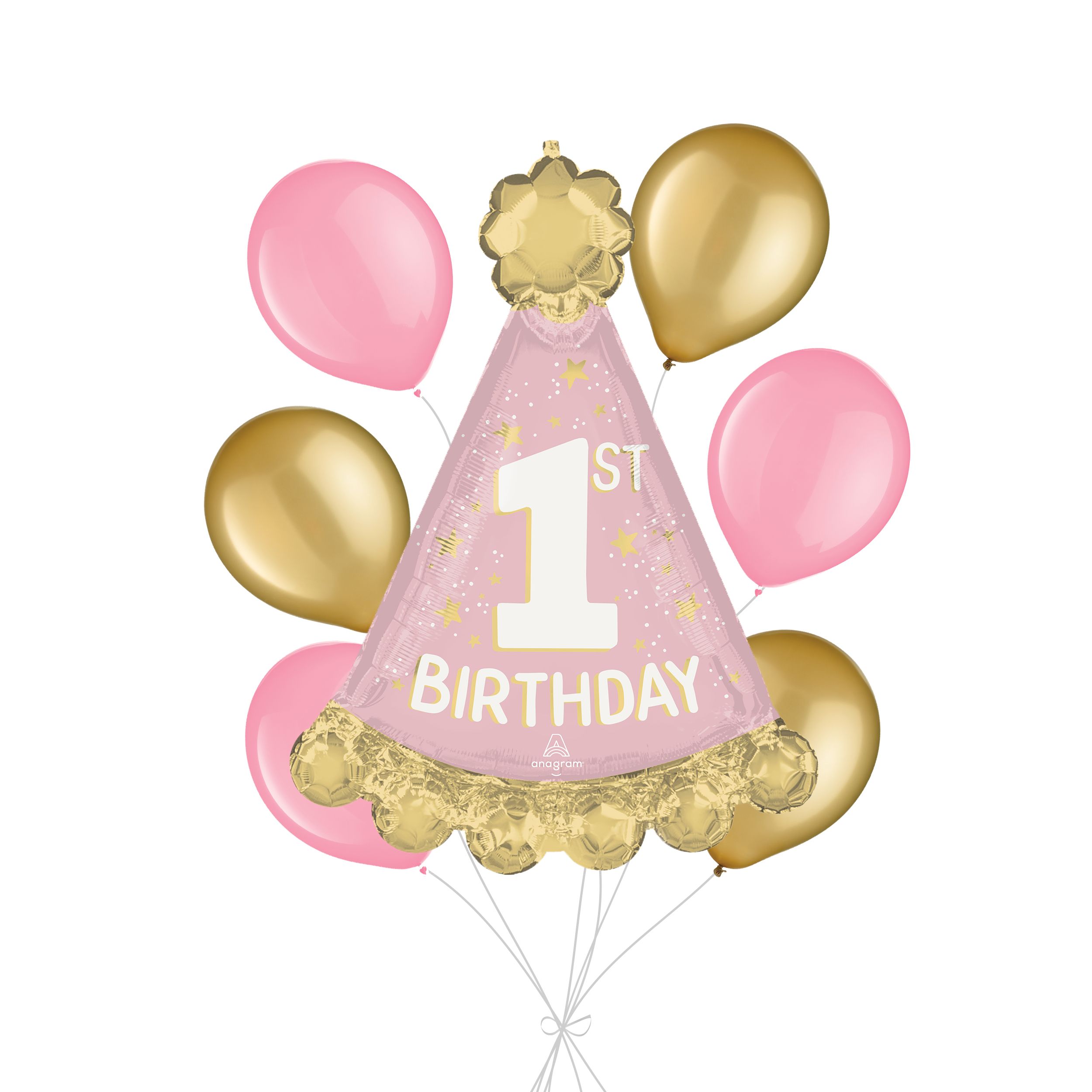 "1st Birthday" Little Miss One-derful Supershape Balloon Bouquet with Latex Balloons, New Pink/Gold, 7-pk, Helium Inflation & Ribbon Included for Kids’ Birthday Front_Flat