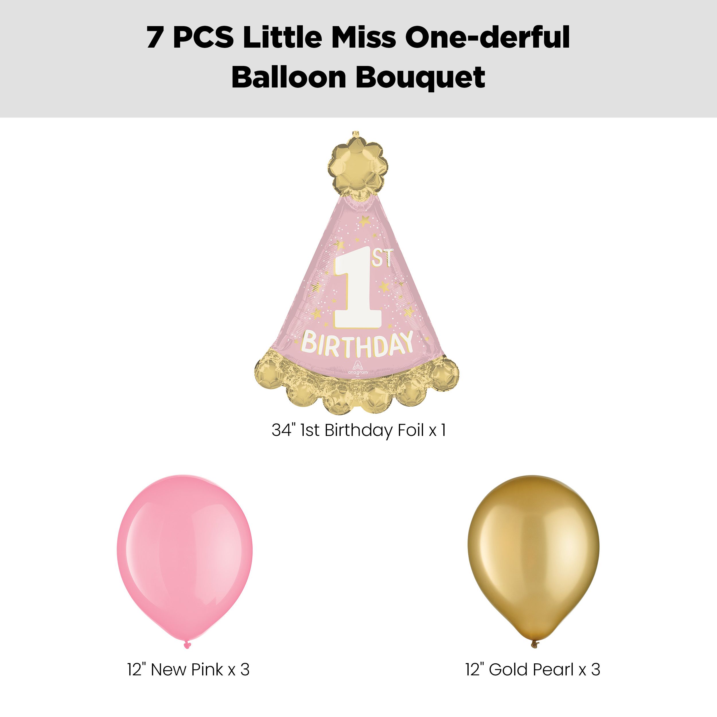 "1st Birthday" Little Miss One-derful Supershape Balloon Bouquet with Latex Balloons, New Pink/Gold, 7-pk, Helium Inflation & Ribbon Included for Kids’ Birthday Front_Flat