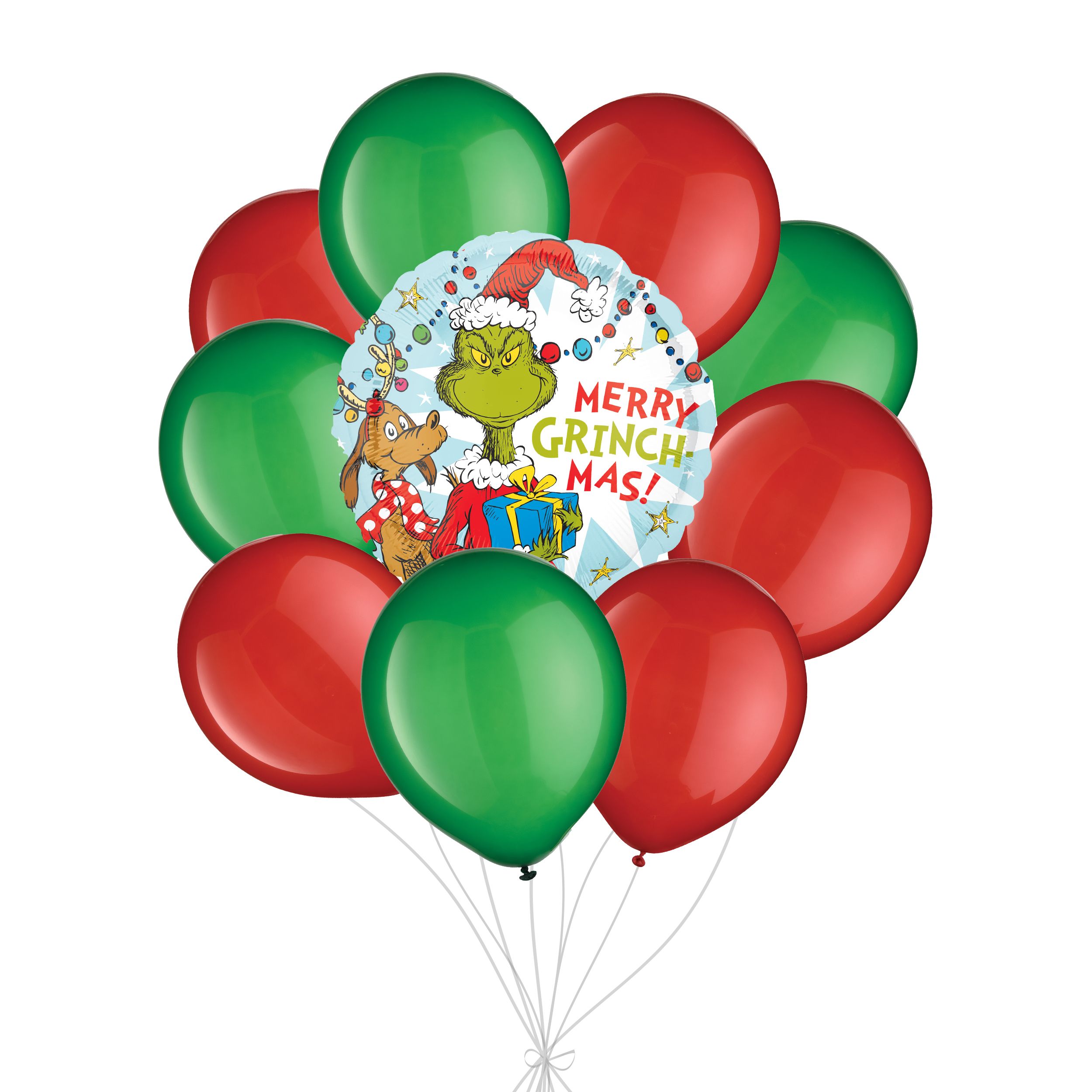 “Merry Grinchmas!” Balloon Bouquet with Latex Balloons, Red/Festival Green, 10-pk, Helium Inflation & Ribbon Included for Christmas Front_Flat