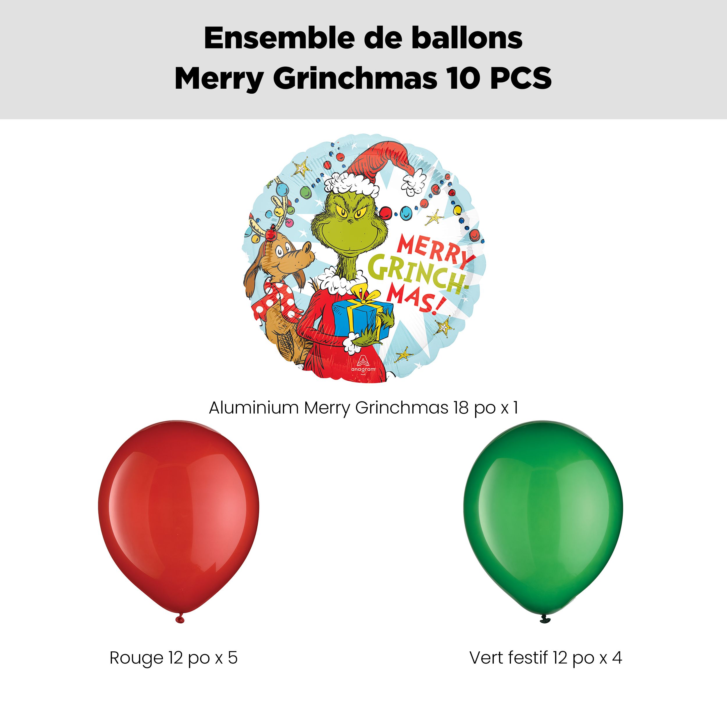 Bouquet de ballon «&nbsp;Merry Grinchmas!&nbsp;» avec ballons en latex, rouge/vert festif, 10&nbsp;pièces, gonflement à l’hélium et ruban inclus pour Noël Front_Flat