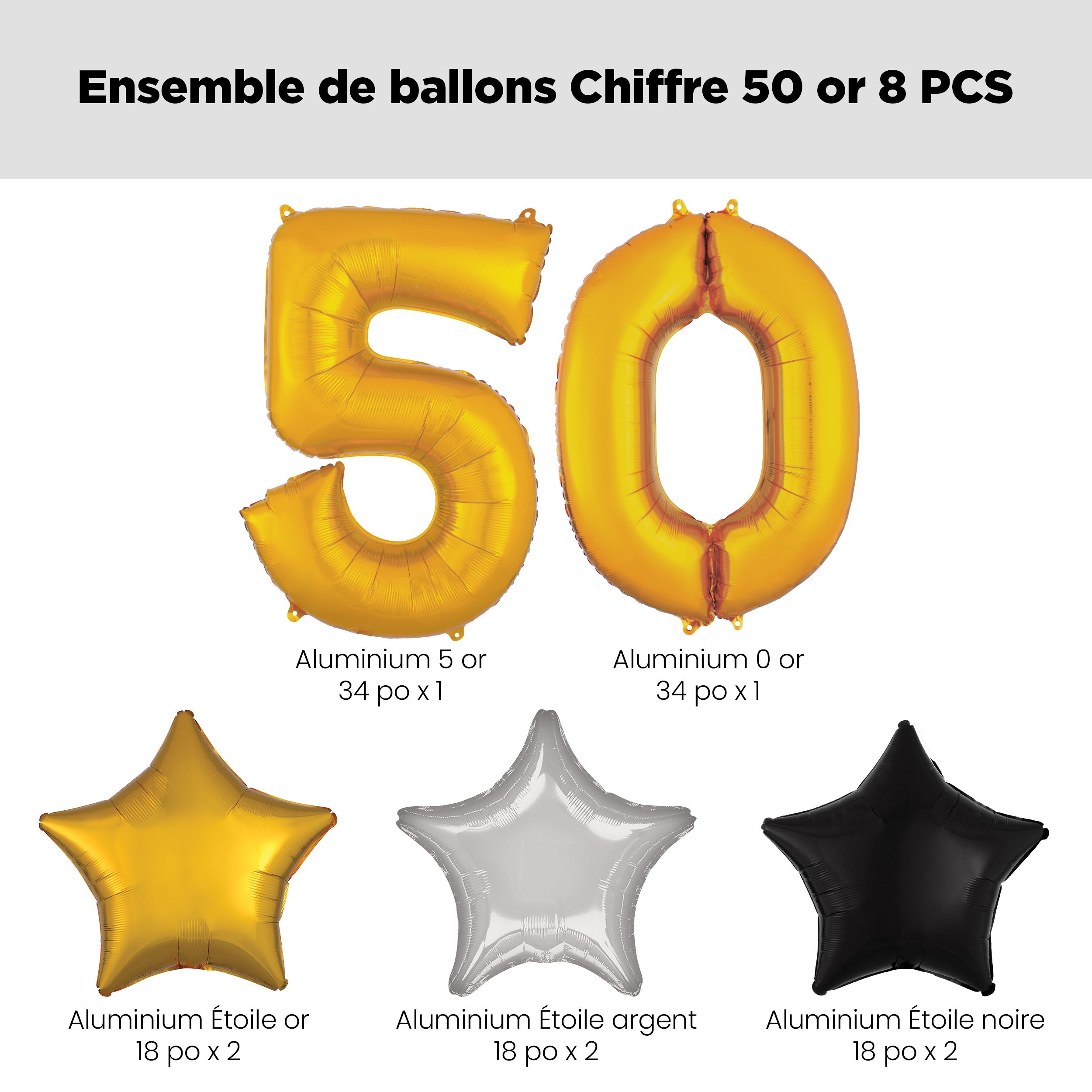Bouquet de ballons, chiffre 50 doré avec ballons en aluminium en forme d'étoile, argent/noir/or, paq. 8, gonflage à l'hélium et ruban inclus pour anniversaire Front_Flat