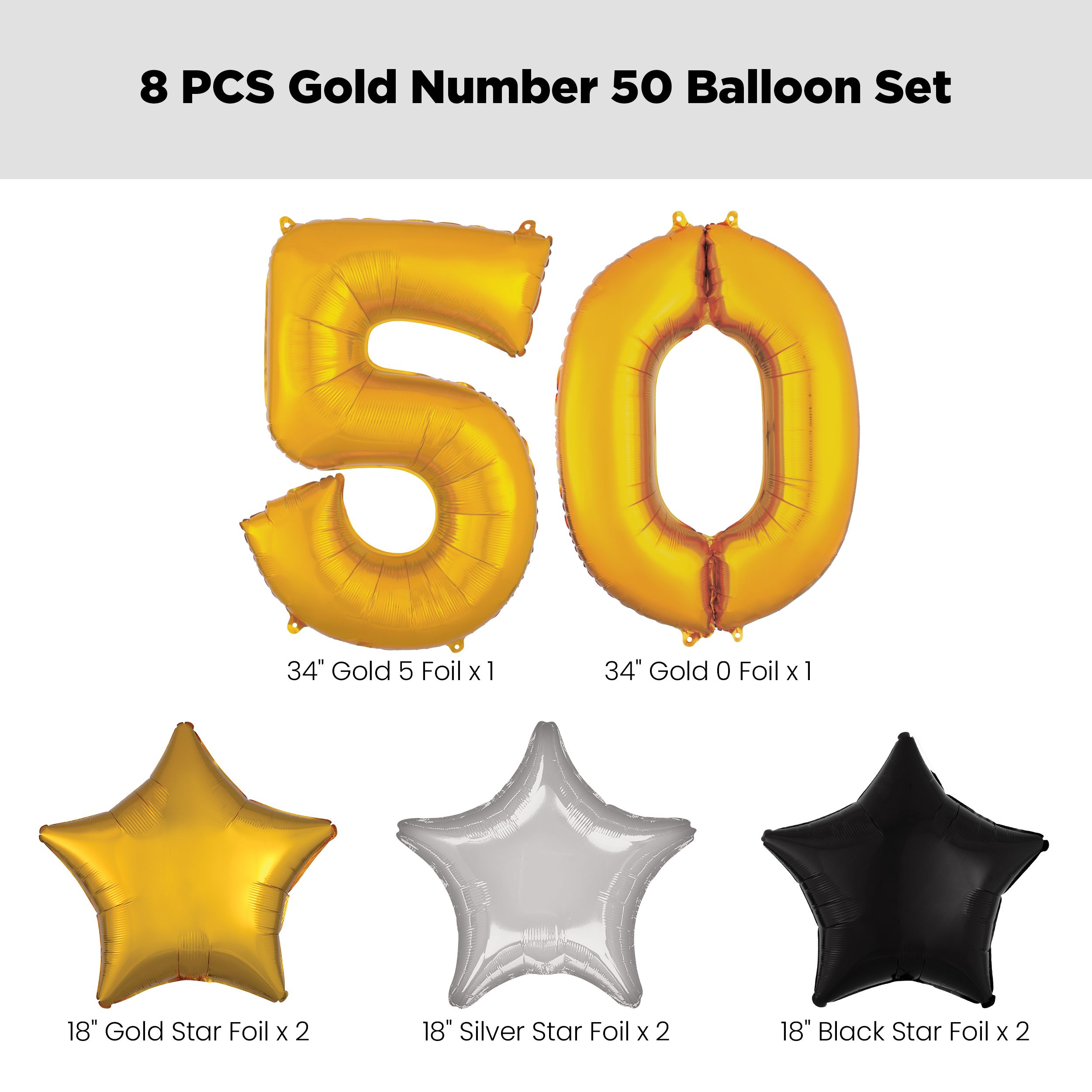 Number "50" Gold Balloon Bouquet with Star Foil Balloons, Silver/Black/Gold, 8-pk, Helium Inflation & Ribbon Included for Birthday/Anniversary Front_Flat