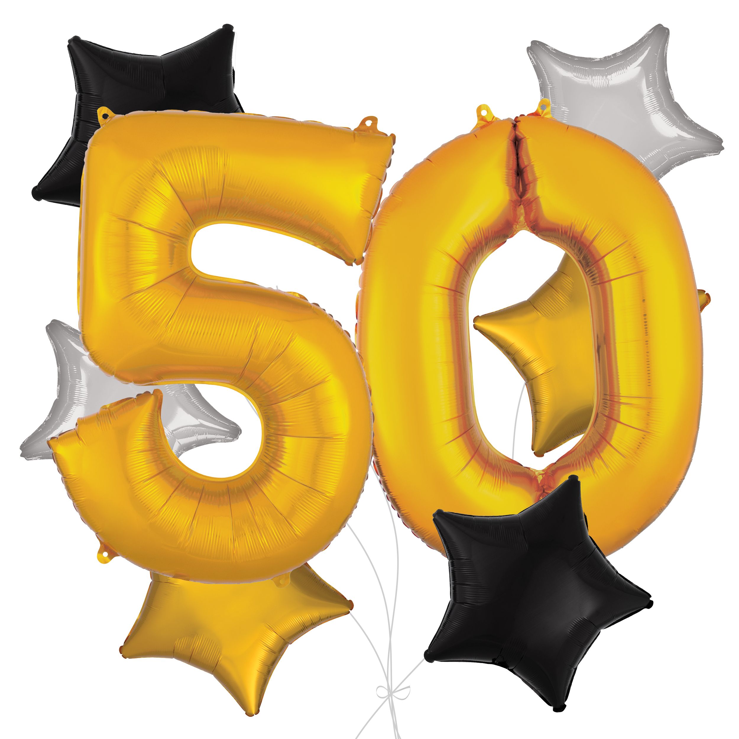 Number "50" Gold Balloon Bouquet with Star Foil Balloons, Silver/Black/Gold, 8-pk, Helium Inflation & Ribbon Included for Birthday/Anniversary Front_Flat