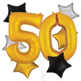 Number "50" Gold Balloon Bouquet with Star Foil Balloons, Silver/Black/Gold, 8-pk, Helium Inflation & Ribbon Included for Birthday/Anniversary Front_Flat