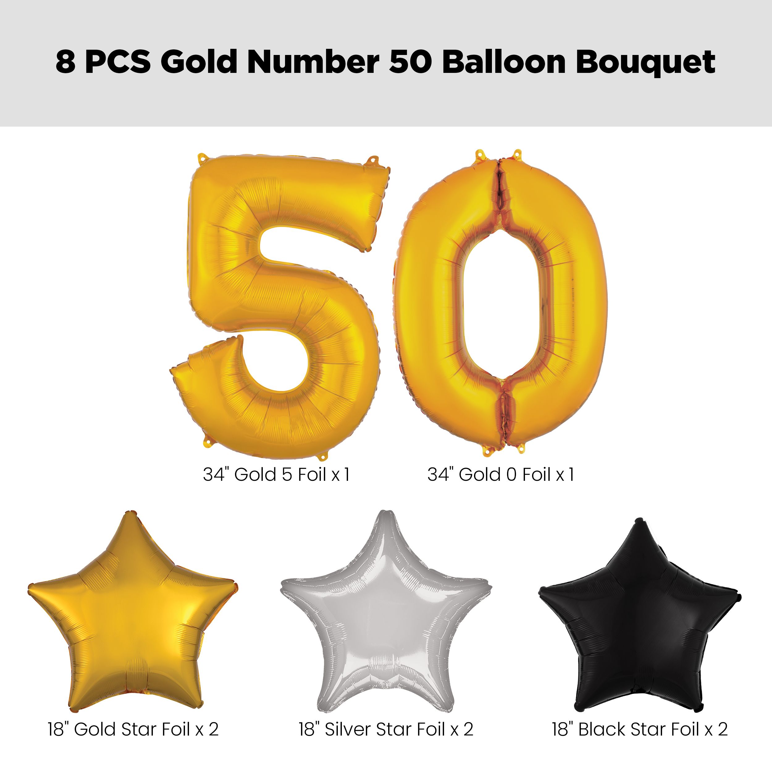 Number "50" Gold Balloon Bouquet with Star Foil Balloons, Silver/Black/Gold, 8-pk, Helium Inflation & Ribbon Included for Birthday/Anniversary Front_Flat
