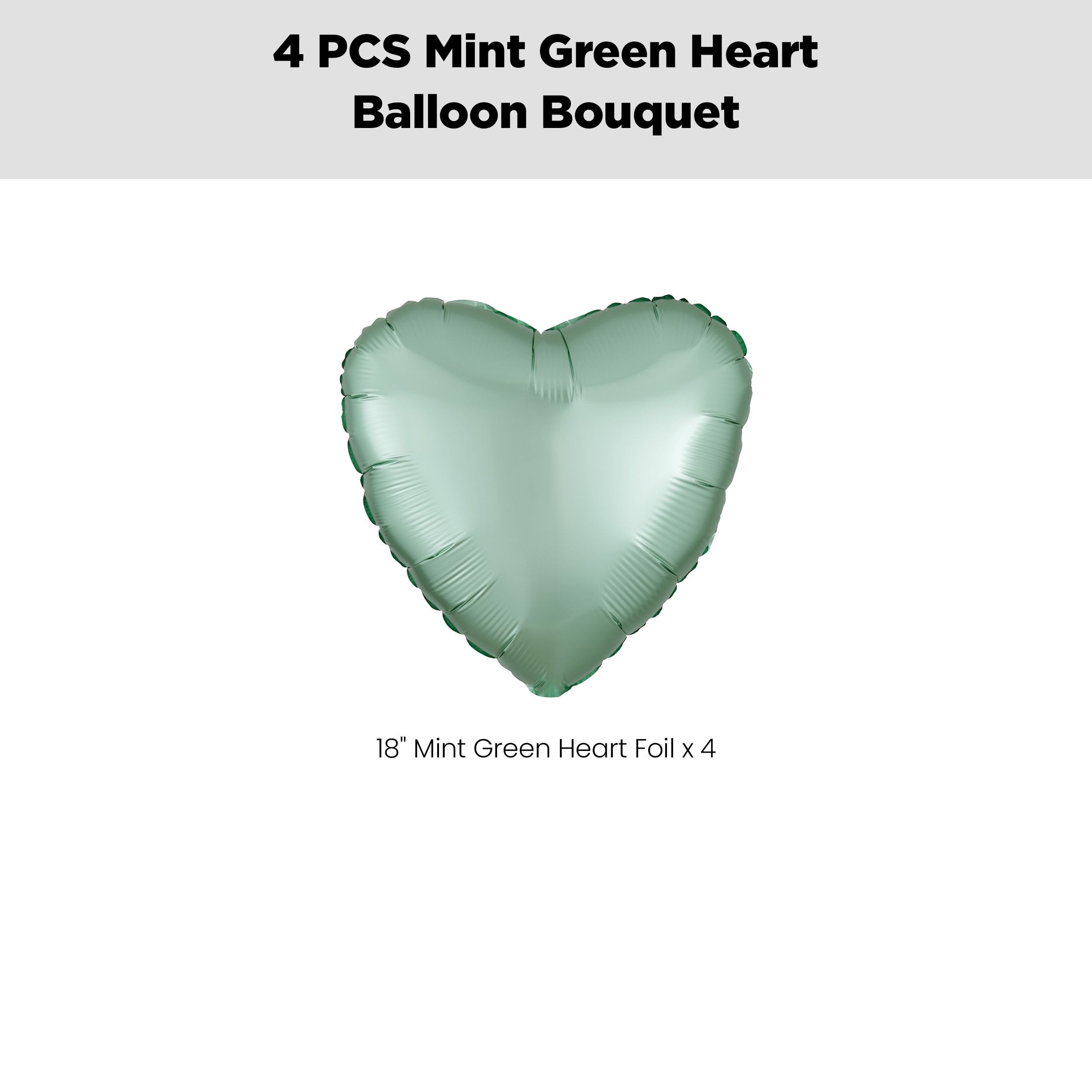 Heart Foil Balloon Bouquet, Mint Green, 4-pk, Helium Inflation & Ribbon Included for Birthday/Special Occasion Front_Flat
