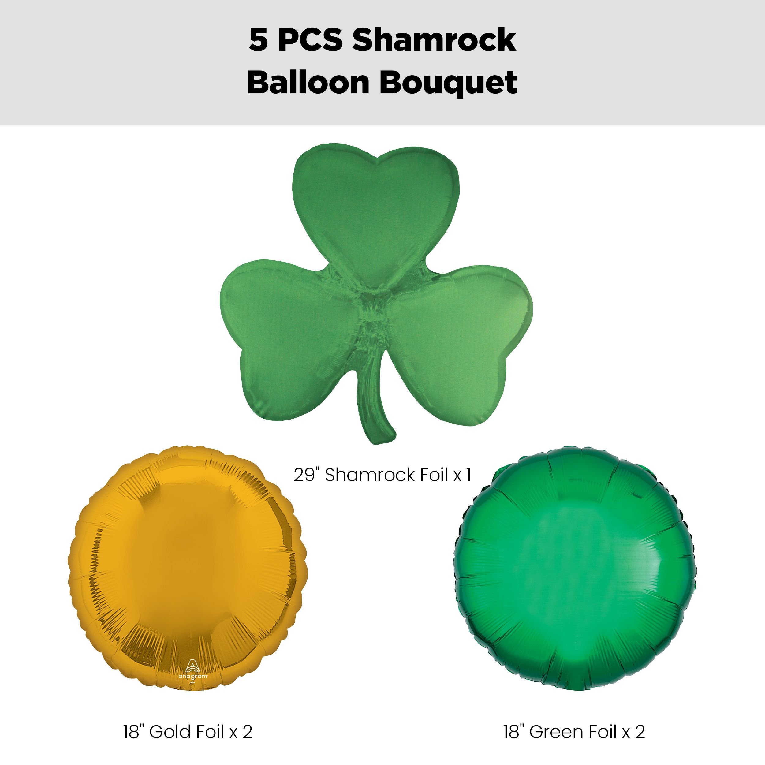 Shamrock Supershape Balloon Bouquet with Round Foil Balloons, Green/Gold, 5-pk, Helium Inflation & Ribbon Included Front_Flat