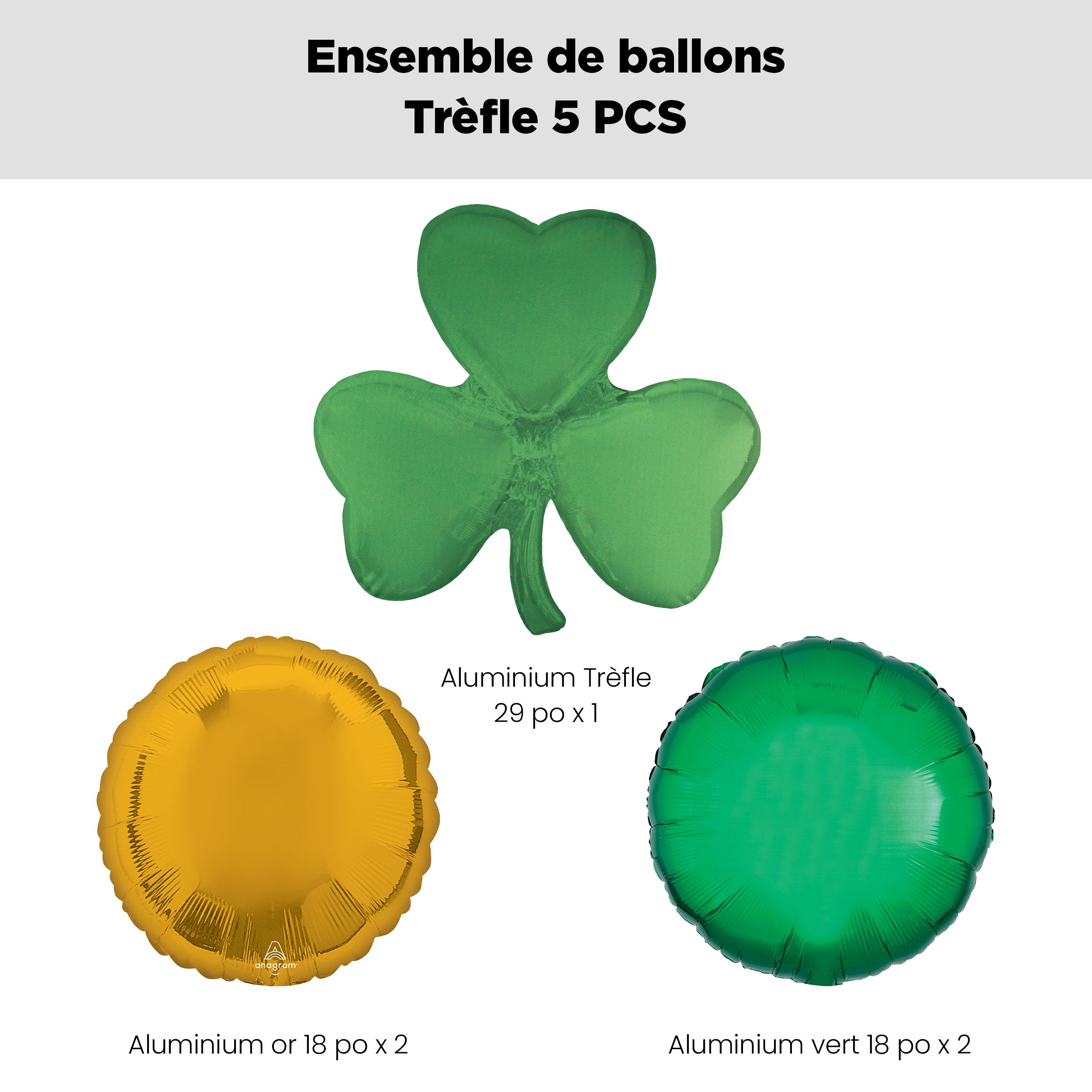 Bouquet de ballons en forme super en forme de trèfle à quatre feuilles avec ballons ronds en aluminium, vert/doré, paq. 5, gonflement à l'hélium et ruban inclus Front_Flat