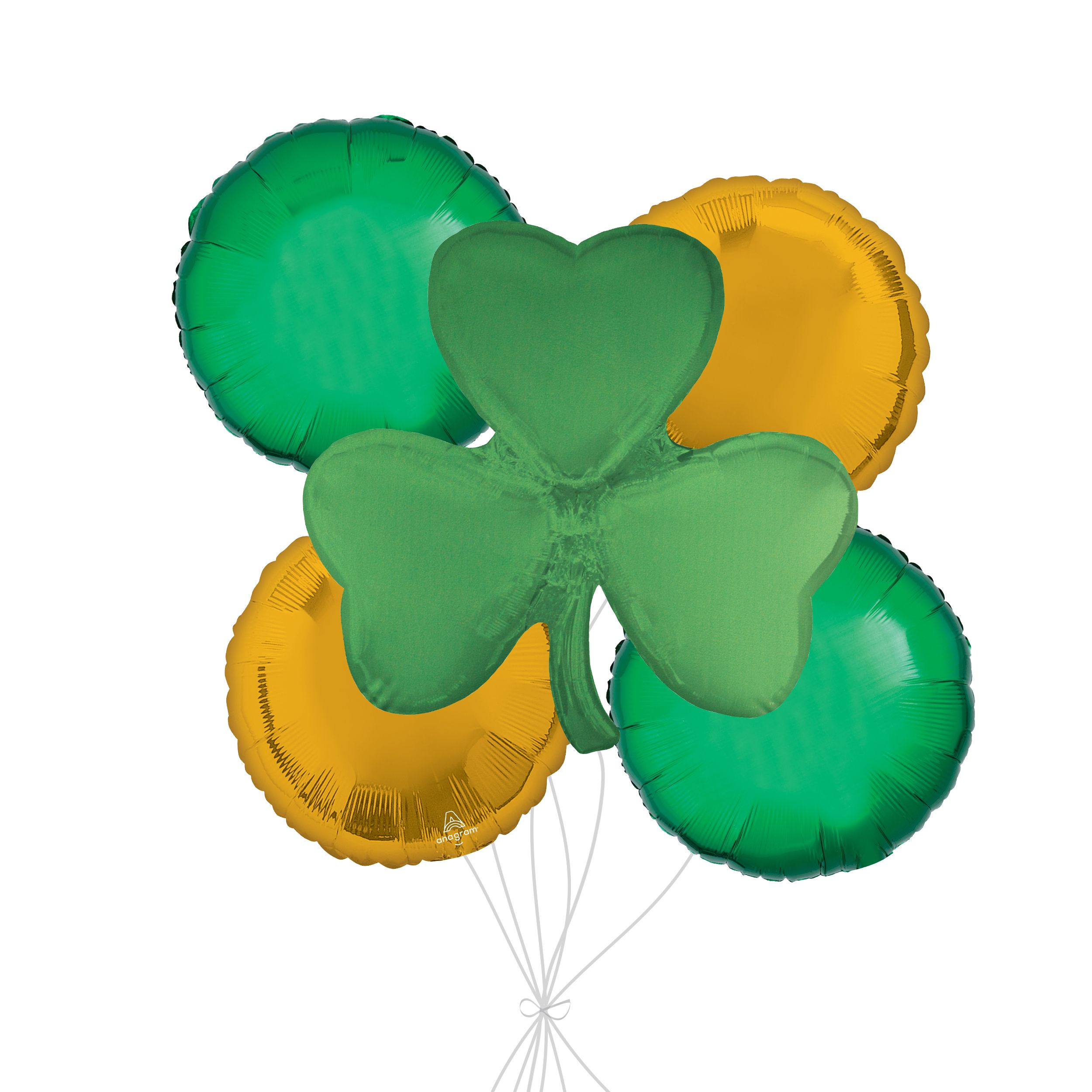 Shamrock Supershape Balloon Bouquet with Round Foil Balloons, Green/Gold, 5-pk, Helium Inflation & Ribbon Included Front_Flat