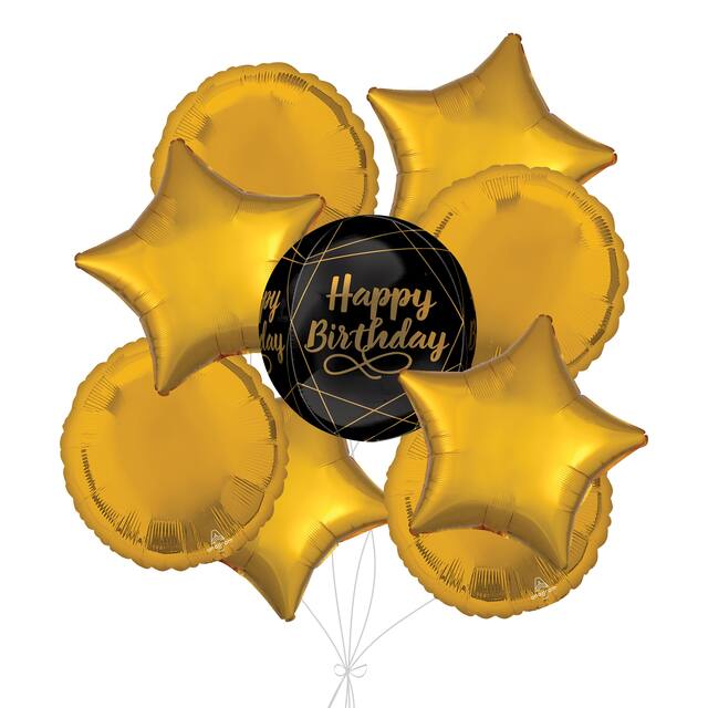 “Happy Birthday” Orbz Balloon Bouquet with Star and Round Foil Balloons, Gold, 9-pk, Helium Inflation & Ribbon Included Front_Flat