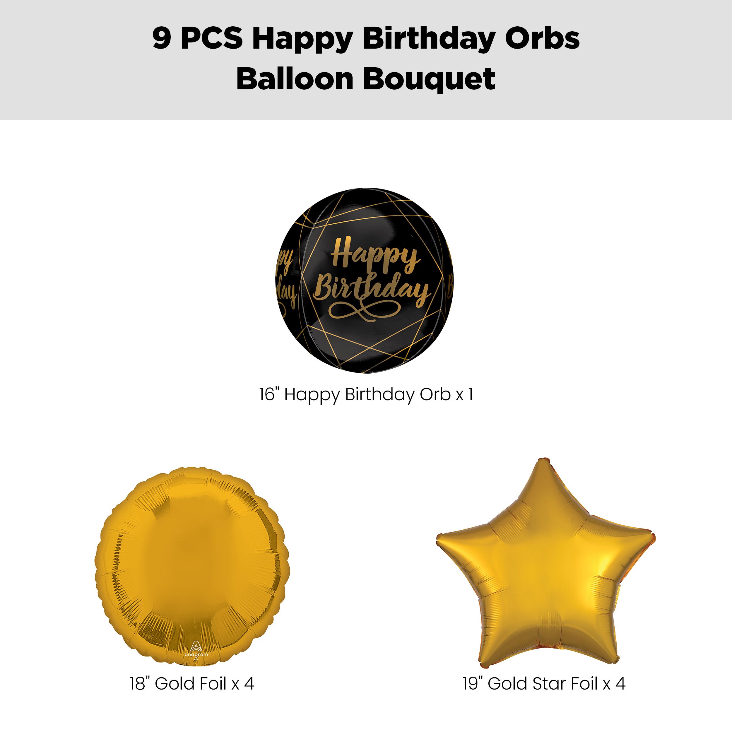 “Happy Birthday” Orbz Balloon Bouquet with Star and Round Foil Balloons, Gold, 9-pk, Helium Inflation & Ribbon Included Front_Flat