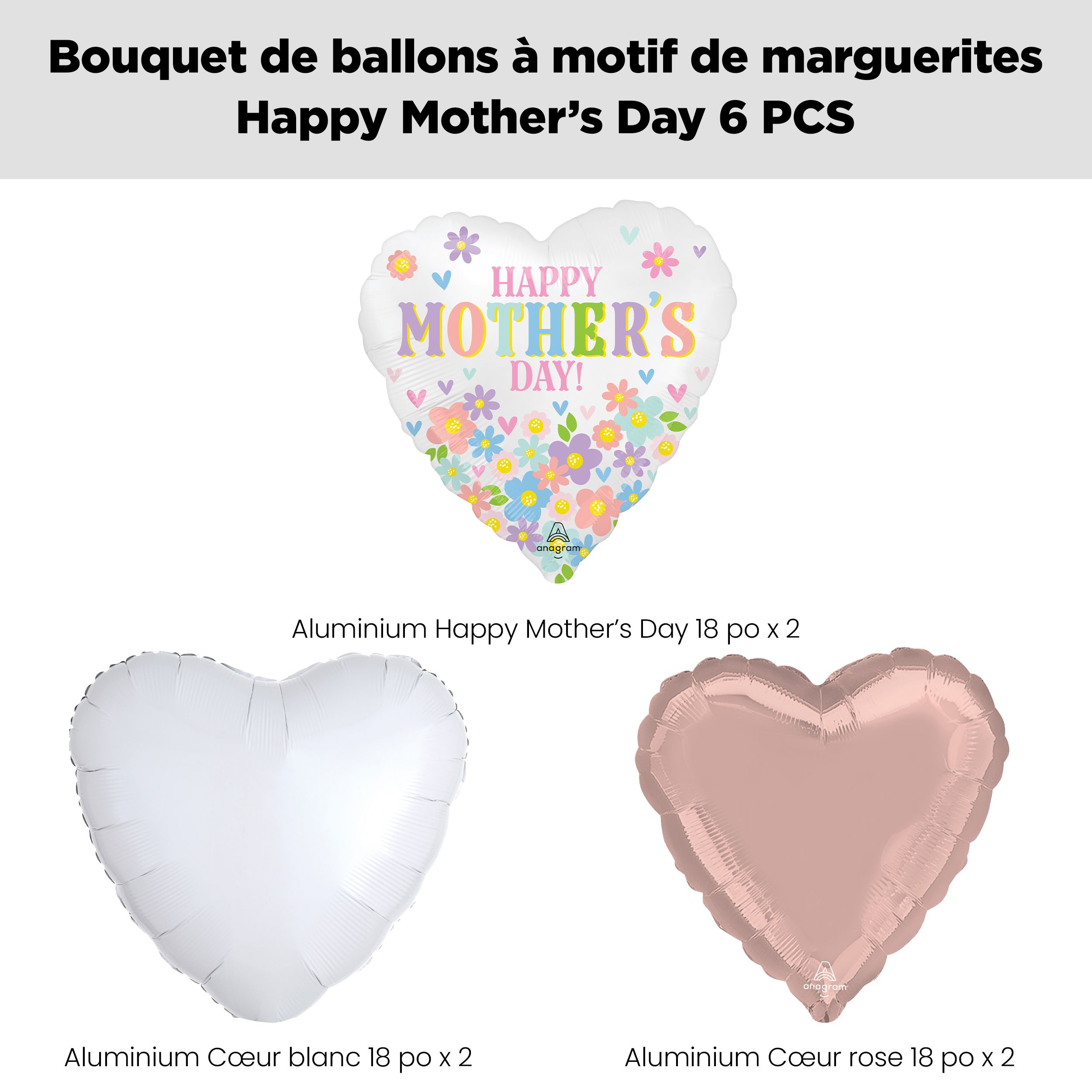 Bouquet de ballons à motif de marguerites «&nbsp;Happy Mother’s Day&nbsp;» avec ballons en forme de cœur en aluminium blancs et roses, paq. 6, gonflage à l’hélium et ruban inclus Front_Flat
