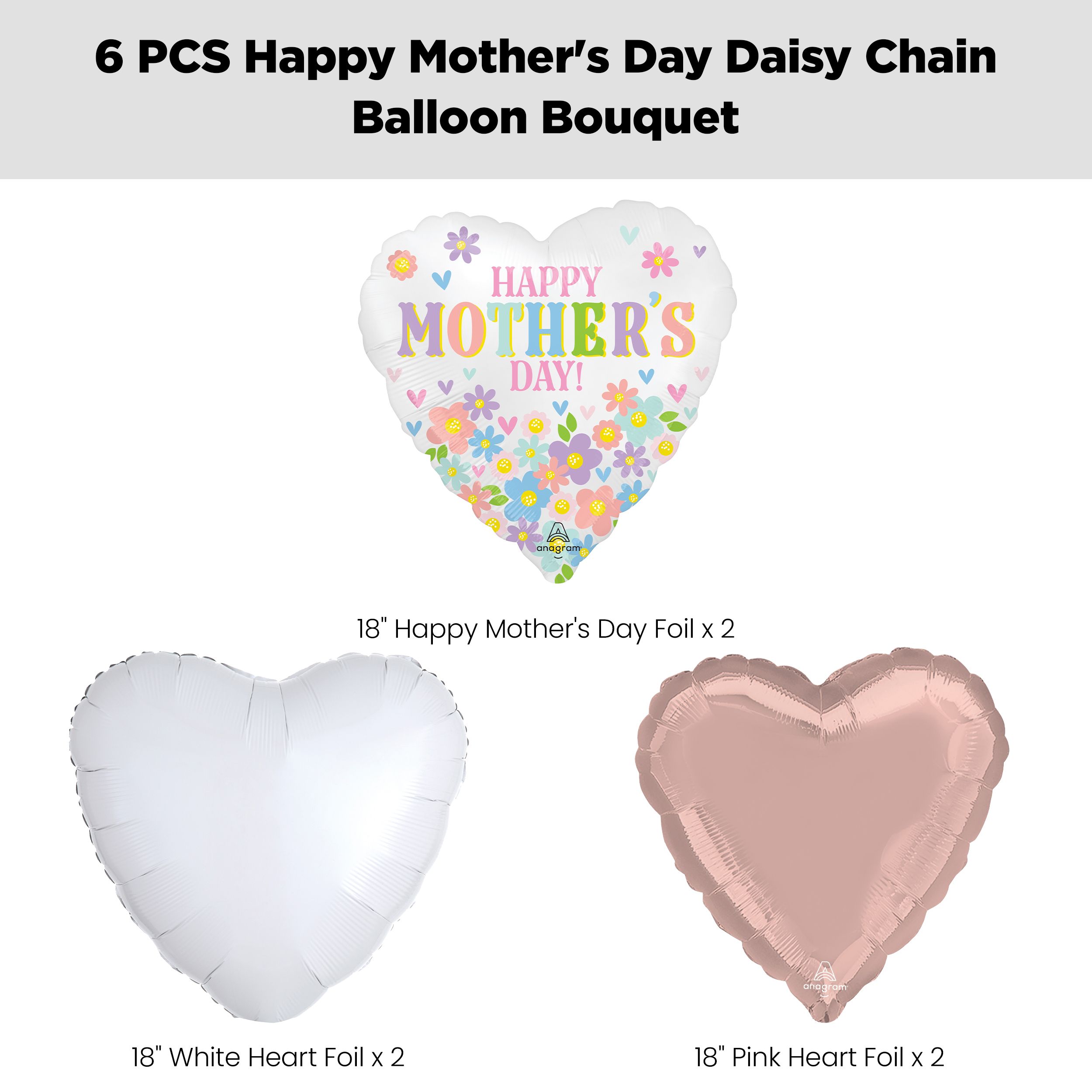 “Happy Mother’s Day” Daisy Chain Balloon Bouquet with Heart Foil Balloons, White/Pink, 6-pk, Helium Inflation & Ribbon Included Front_Flat