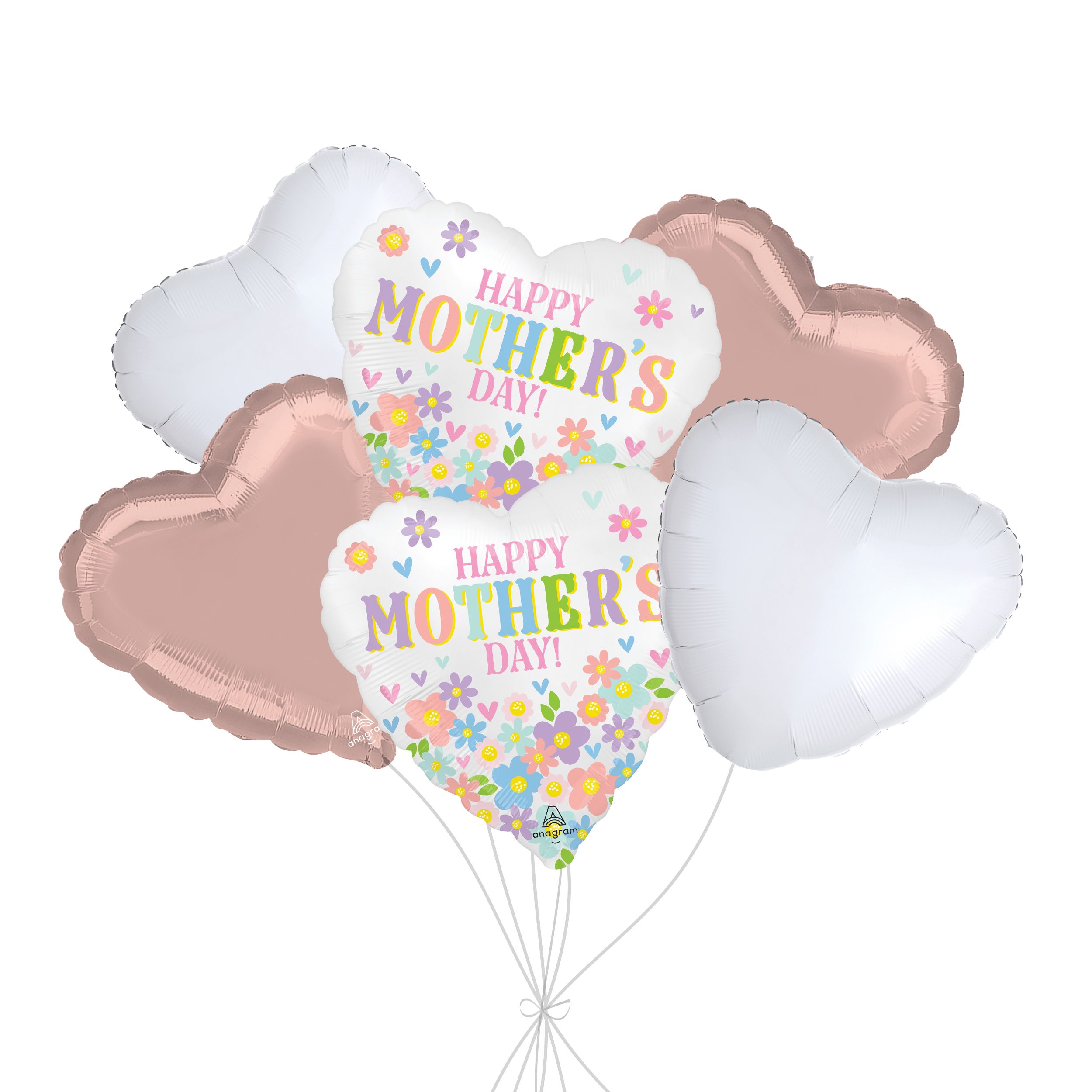Bouquet de ballons à motif de marguerites «&nbsp;Happy Mother’s Day&nbsp;» avec ballons en forme de cœur en aluminium blancs et roses, paq. 6, gonflage à l’hélium et ruban inclus Front_Flat