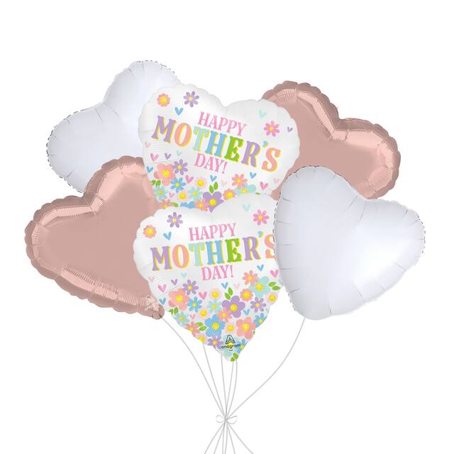 “Happy Mother’s Day” Daisy Chain Balloon Bouquet with Heart Foil Balloons, White/Pink, 6-pk, Helium Inflation & Ribbon Included Front_Flat