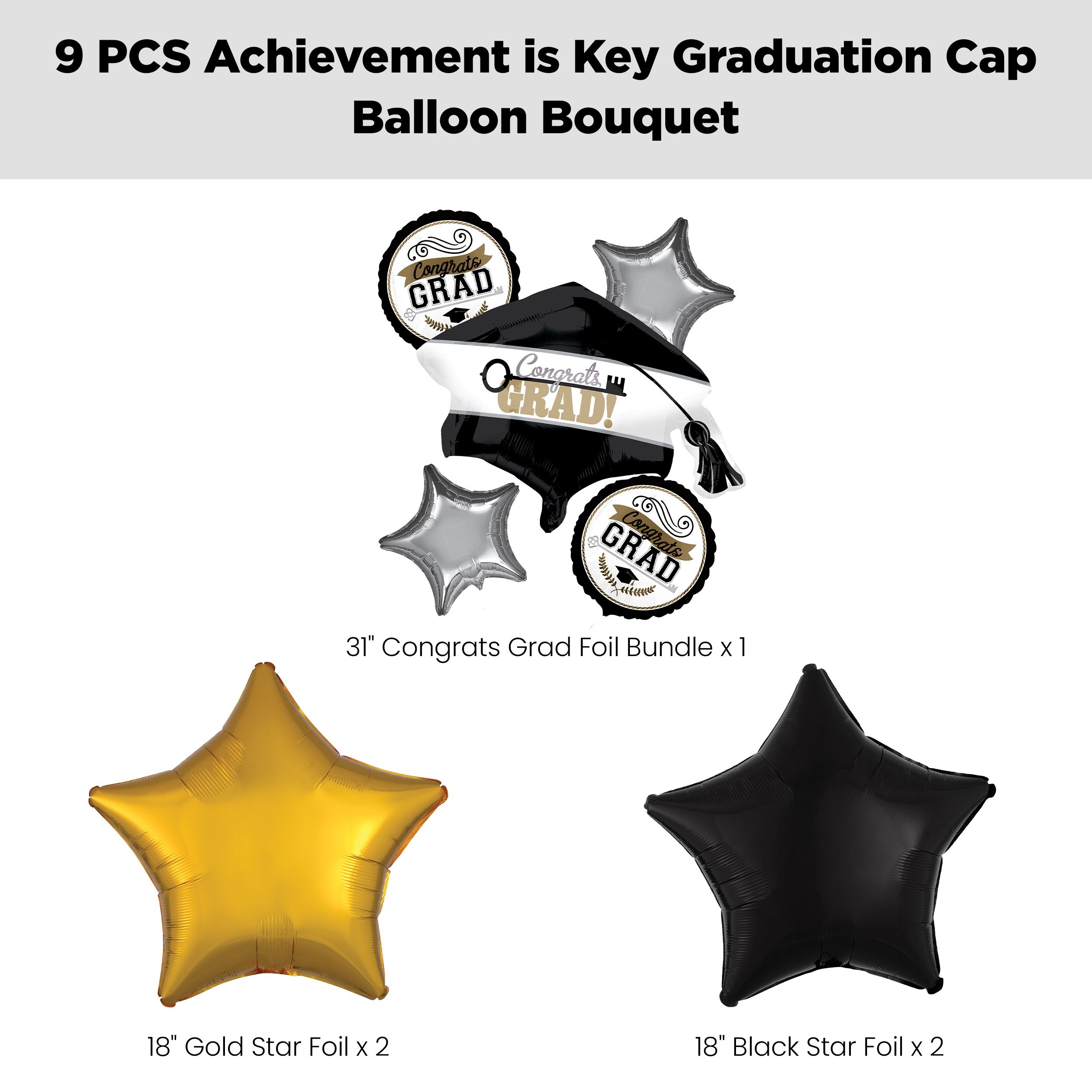 "Congrats Grad!" Achievement is Key Graduation Cap Supershape Balloon Bouquet with Star Foil Balloons, Black/Gold, 9-pk, Helium Inflation & Ribbon Included Front_Flat