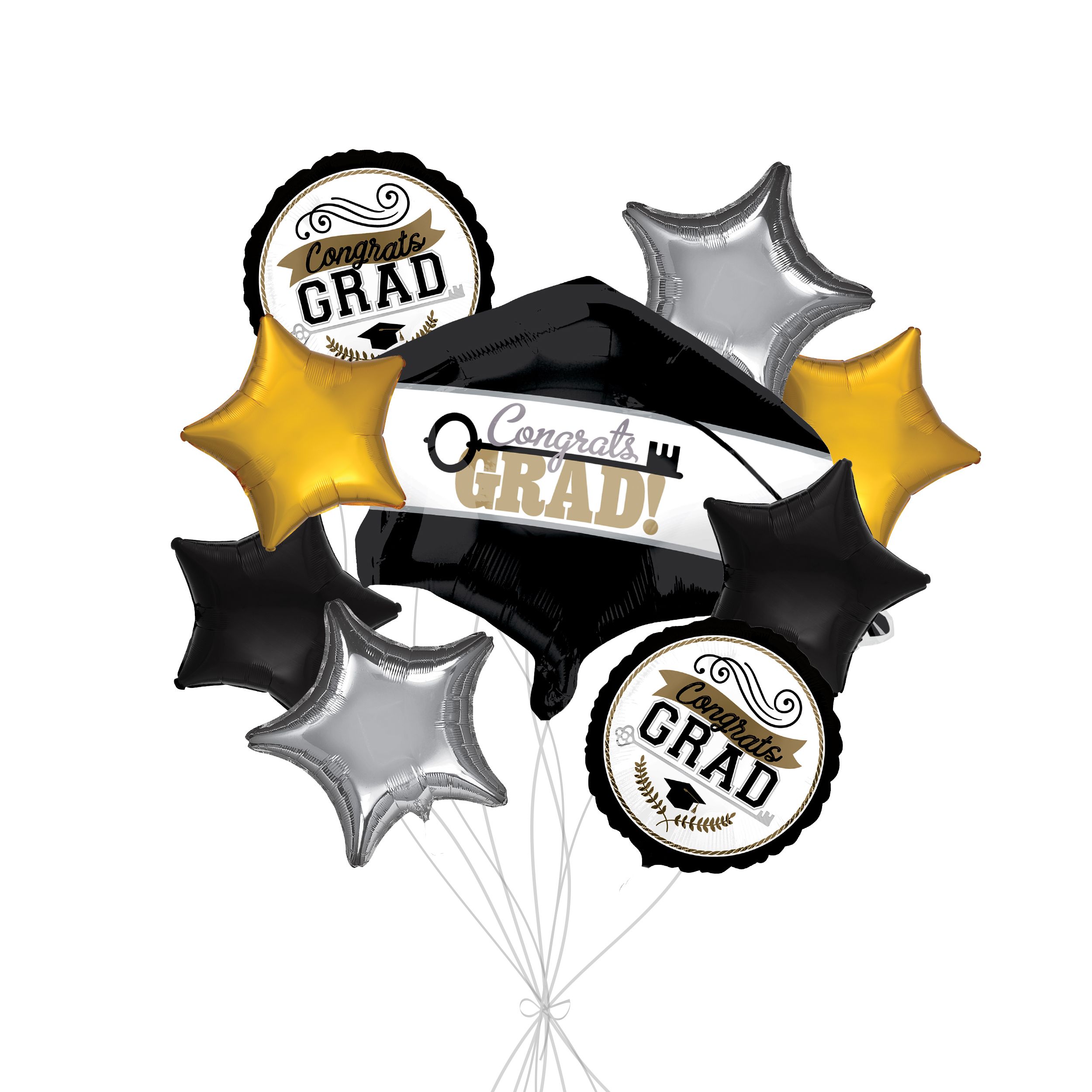Bouquet de ballons scintillants «&nbsp;Congrats Grad!&nbsp;» remise de diplôme mortier avec ballons étoiles en aluminium noirs et dorés, paq. 9, gonflage à l’hélium et ruban inclus Front_Flat
