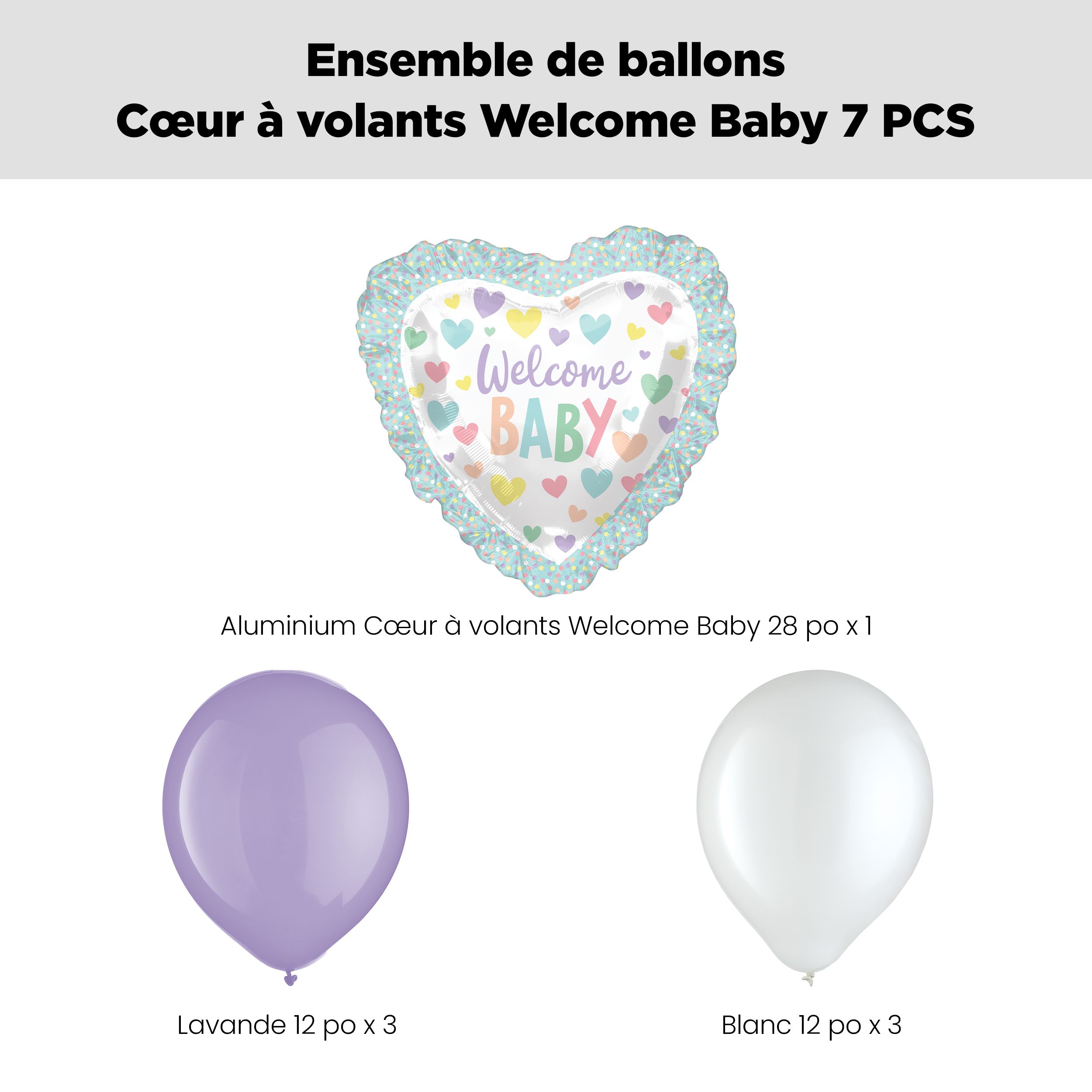 Bouquet de ballons forme super en forme de coeur avec volants Welcome Baby avec ballons en latex lavande et blanc, paq. 7, gonflage à l'hélium et ruban inclus Front_Flat