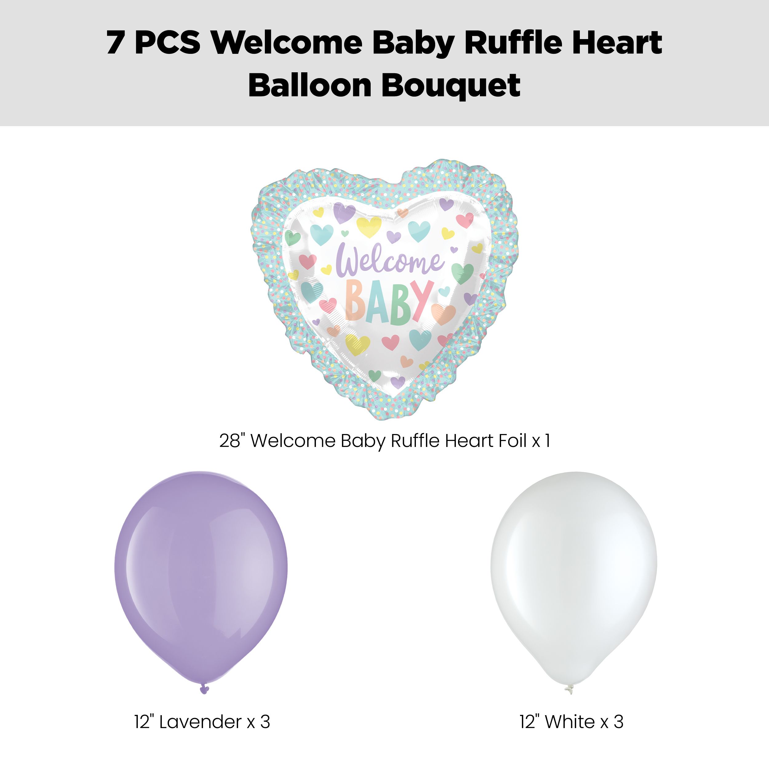 "Welcome Baby" Ruffle Heart Supershape Balloon Bouquet with Latex Balloons, Lavender/White, 7-pk, Helium Inflation & Ribbon Included Front_Flat