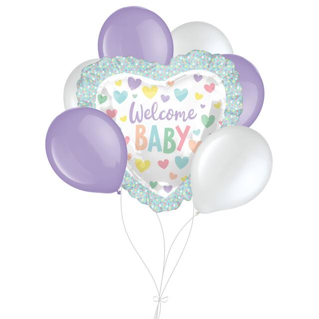 Bouquet de ballons forme super en forme de coeur avec volants Welcome Baby avec ballons en latex lavande et blanc, paq. 7, gonflage à l'hélium et ruban inclus Front_Flat