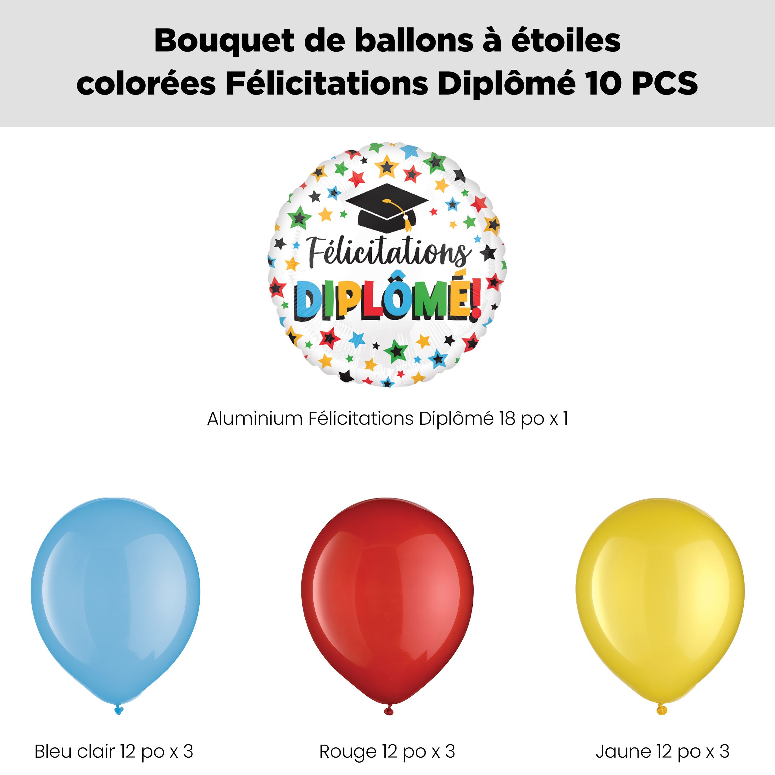 Bouquet de ballons scintillants «&nbsp;Félicitations Diplôme!&nbsp;» étoiles colorées avec ballons en latex bleus, rouges et jaunes, paq.&nbsp;10, gonflage à l’hélium et ruban inclus Front_Flat