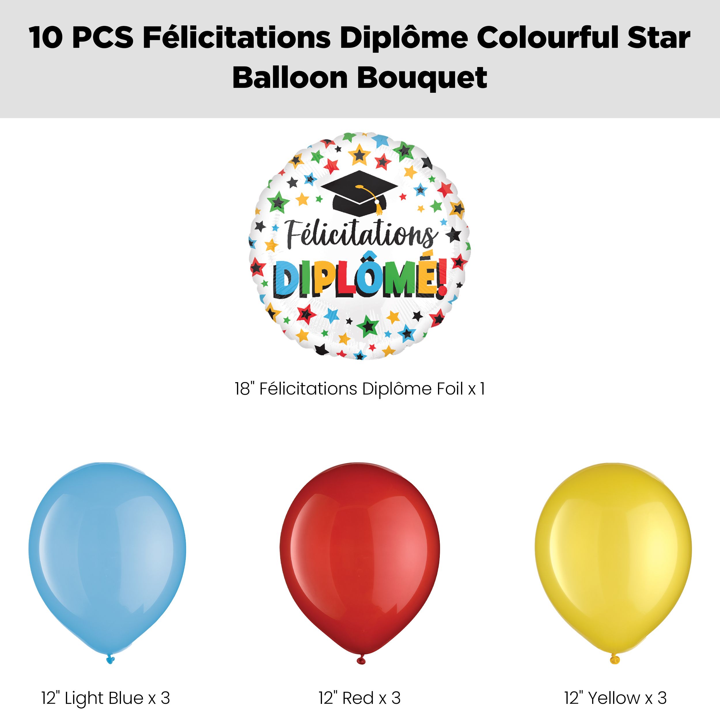 “Félicitations Diplôme!” French Congratulations Grad! Colourful Star Balloon Bouquet with Latex Balloons, Blue/Red/Yellow, 10-pk, Helium Inflation & Ribbon Included Front_Flat