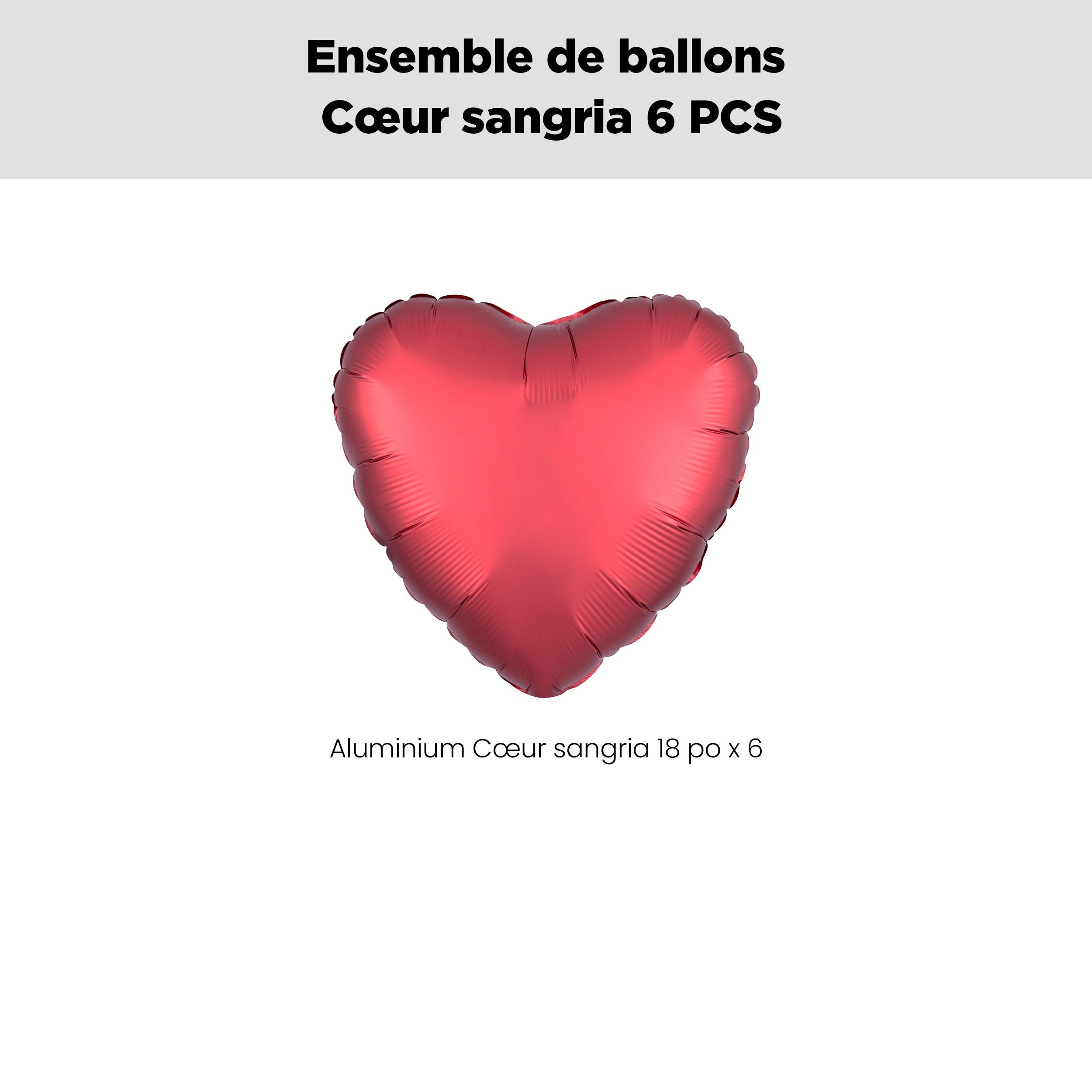 Bouquet de ballons en aluminium en forme de cœur, sangria, paq.&nbsp;6, gonflage à l'hélium et ruban inclus pour anniversaire ou occasion spéciale Front_Flat