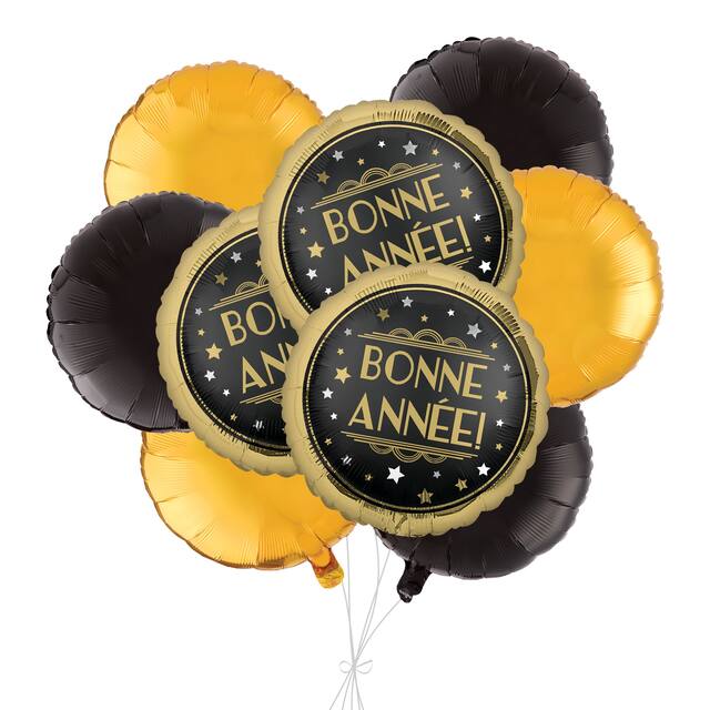 "Bonne Année" French Round Satin Foil Balloon Bouquet with Foil Balloons, Gold/Black, 9-pk, Helium Inflation & Ribbon Included for New Year's Eve Front_Flat