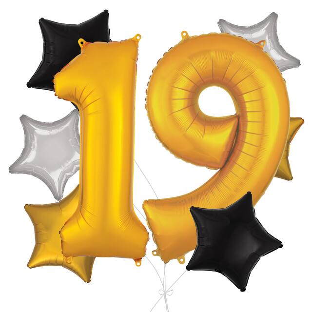 Bouquet de ballons avec chiffre 19 doré et ballons en aluminium en forme d'étoile, argent/noir/or, paq. 8, gonflage à l'hélium et ruban inclus pour anniversaire Front_Flat