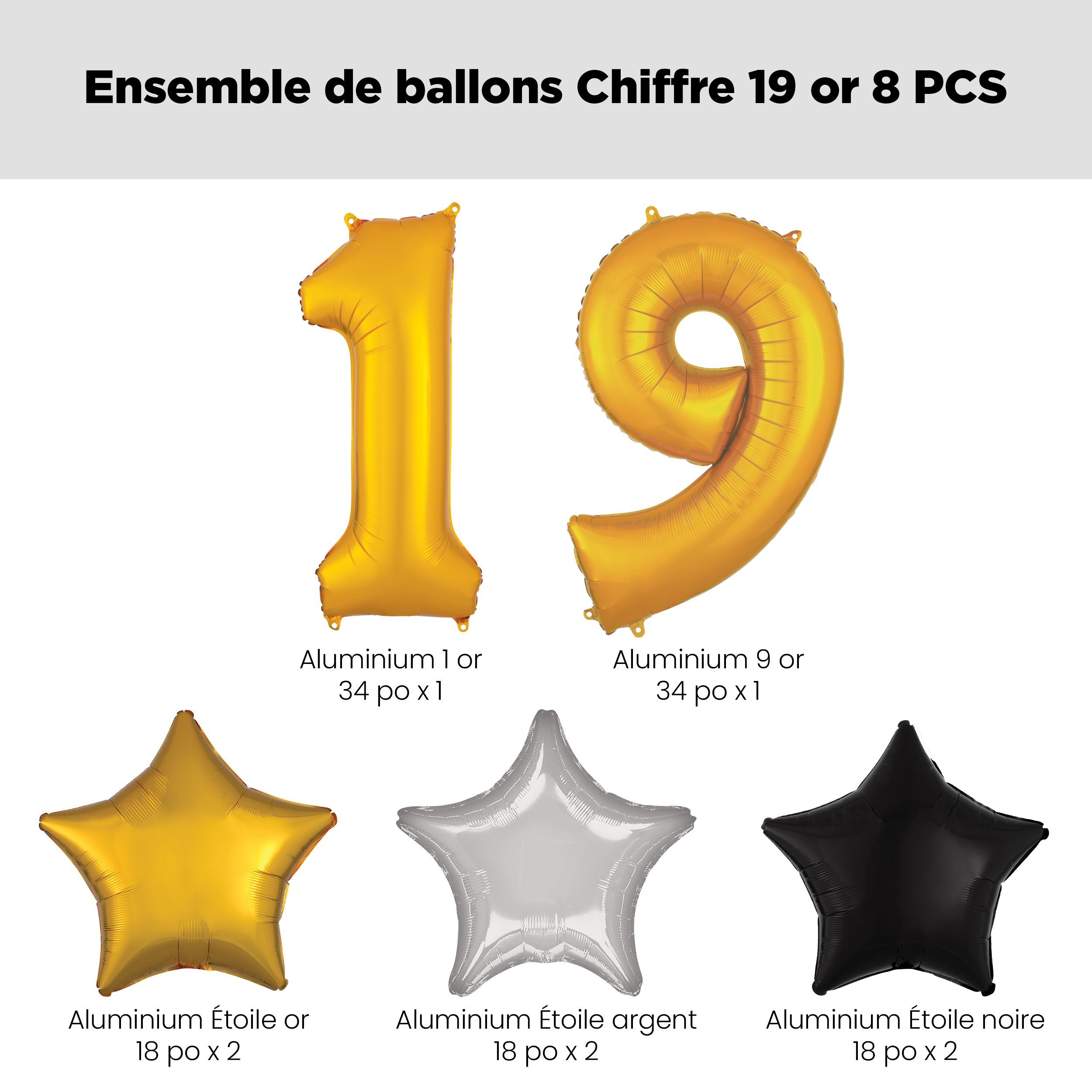 Bouquet de ballons avec chiffre 19 doré et ballons en aluminium en forme d'étoile, argent/noir/or, paq. 8, gonflage à l'hélium et ruban inclus pour anniversaire Front_Flat