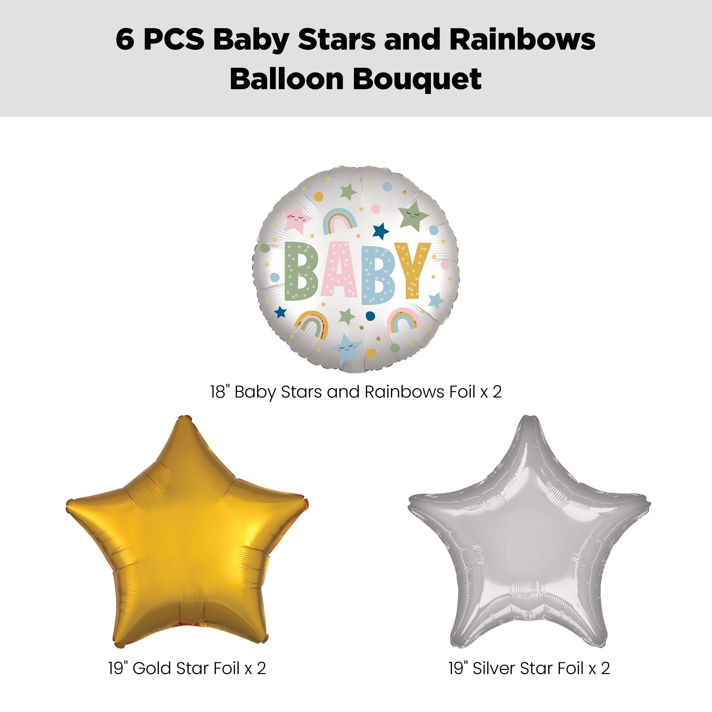 "Baby" Stars and Rainbows Balloon Bouquet with Star Foil Balloons, Gold/Silver, 6-pk, Helium Inflation & Ribbon Included for Baby Shower Front_Flat