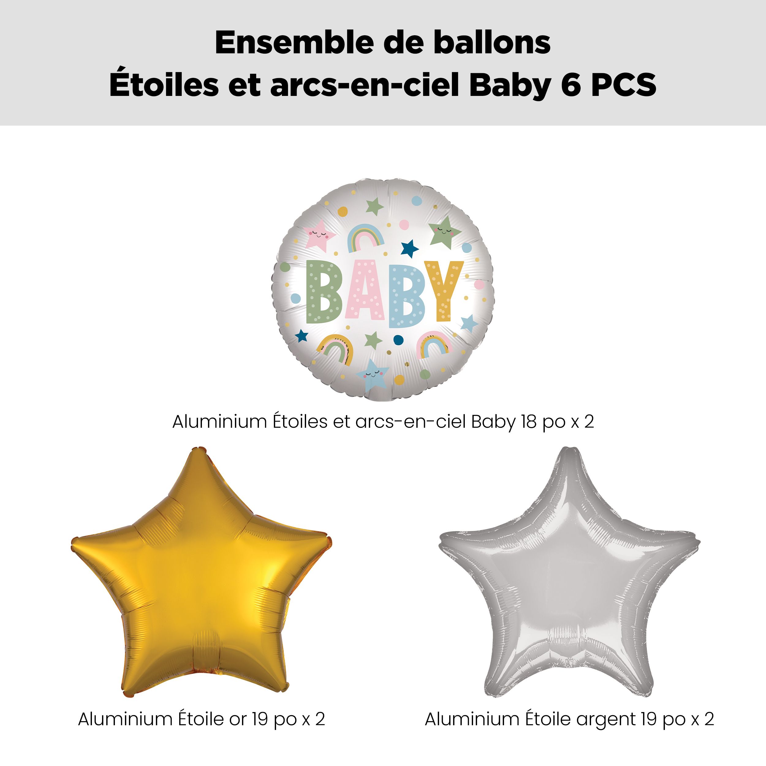 Bouquet de ballons Baby à motifs d'étoiles et d'arc-en-ciel avec ballons en aluminium étoiles dorées et argentées, paq. 6, gonflage à l'hélium et ruban inclus pour fête prénatale Front_Flat
