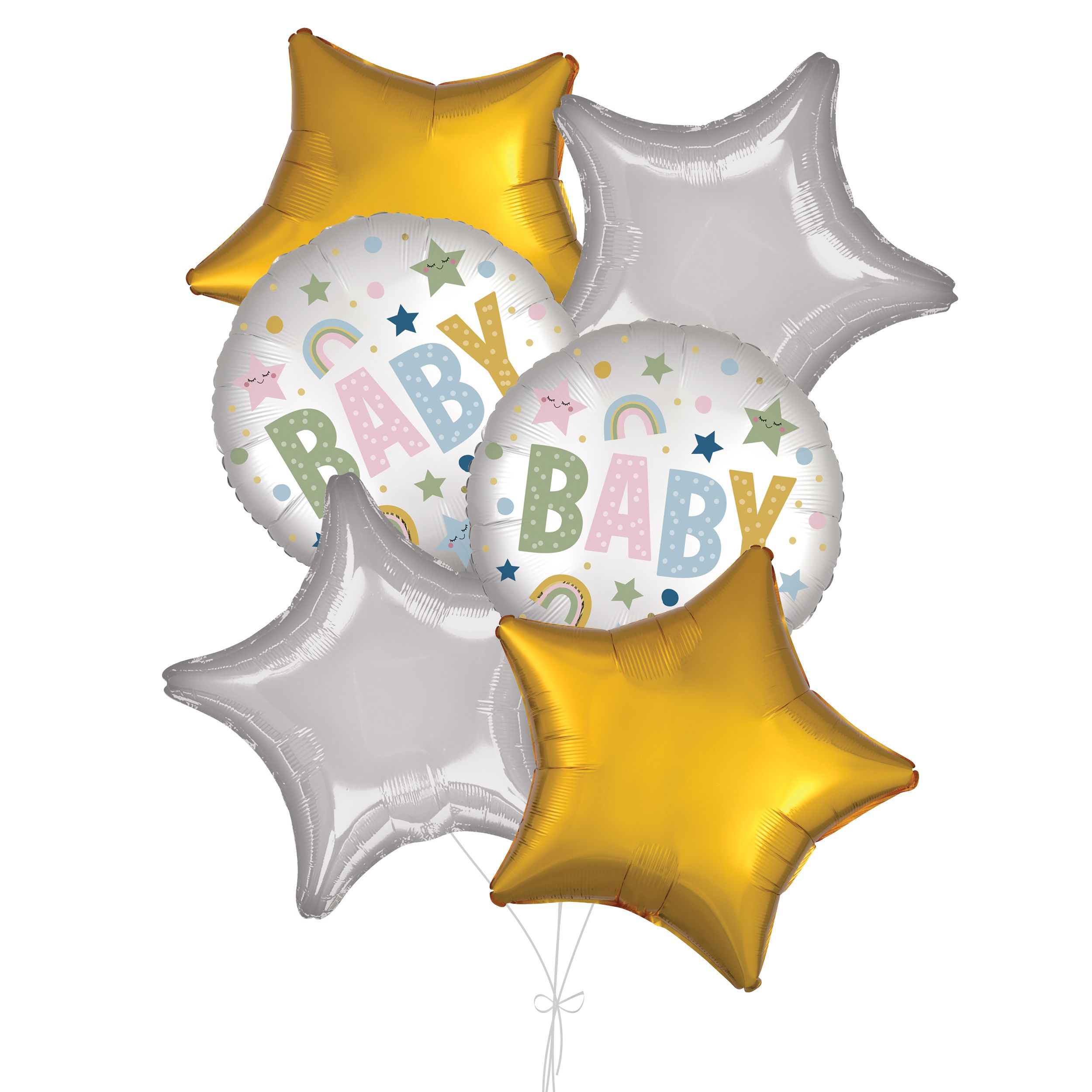 "Baby" Stars and Rainbows Balloon Bouquet with Star Foil Balloons, Gold/Silver, 6-pk, Helium Inflation & Ribbon Included for Baby Shower Front_Flat