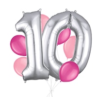 Bouquet de ballons, chiffre 10 argent avec ballons en latex, rose vif/nouveau rose, paq. 8, gonflage à l¿hélium et ruban inclus pour anniversaire