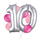 Bouquet de ballons, chiffre 10 argent avec ballons en latex, rose vif/nouveau rose, paq.&nbsp;8, gonflage à l’hélium et ruban inclus pour anniversaire Front_Flat