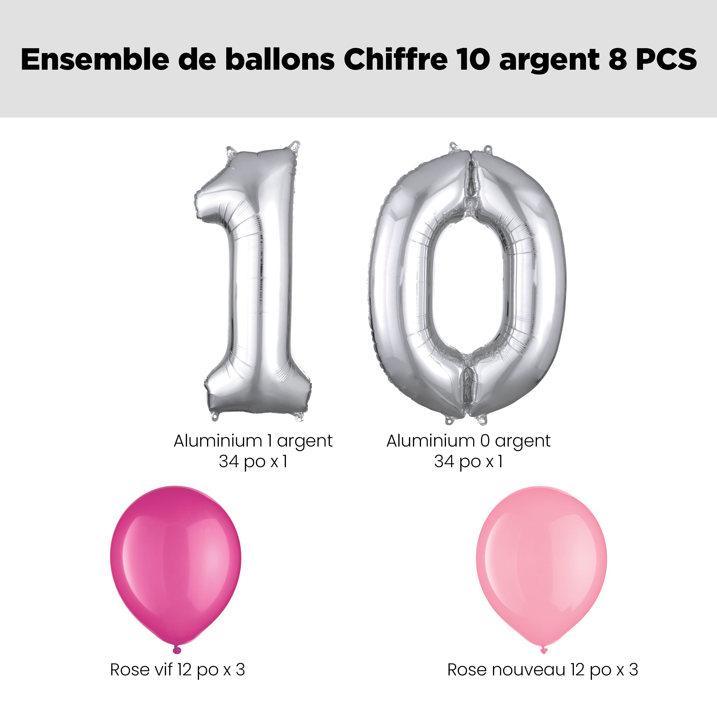 Bouquet de ballons, chiffre 10 argent avec ballons en latex, rose vif/nouveau rose, paq.&nbsp;8, gonflage à l’hélium et ruban inclus pour anniversaire Front_Flat