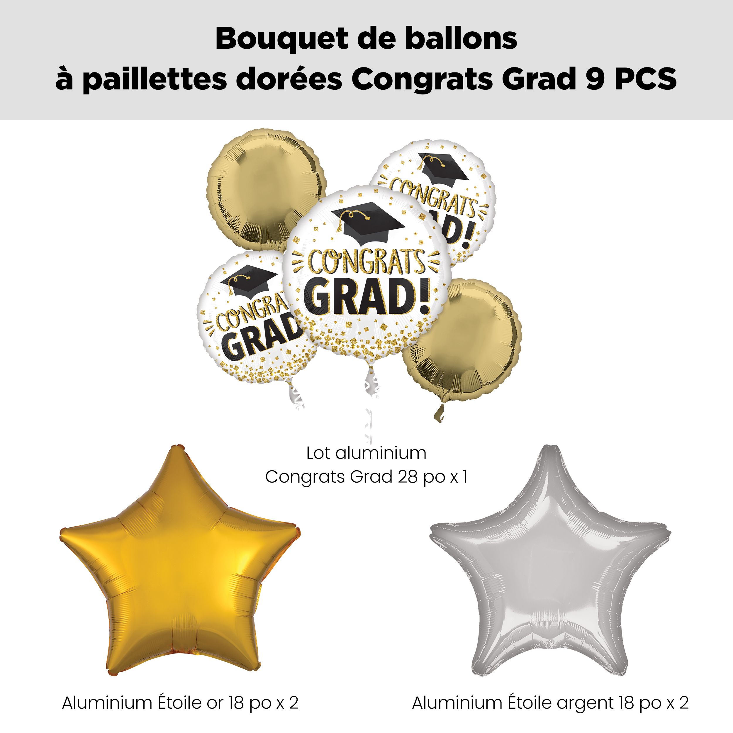 Bouquet de ballons scintillants «&nbsp;Congrats Grad!&nbsp;», paillettes dorées avec ballons étoiles en aluminium dorés et argentés, paq. 9, gonflage à l’hélium et ruban inclus Front_Flat