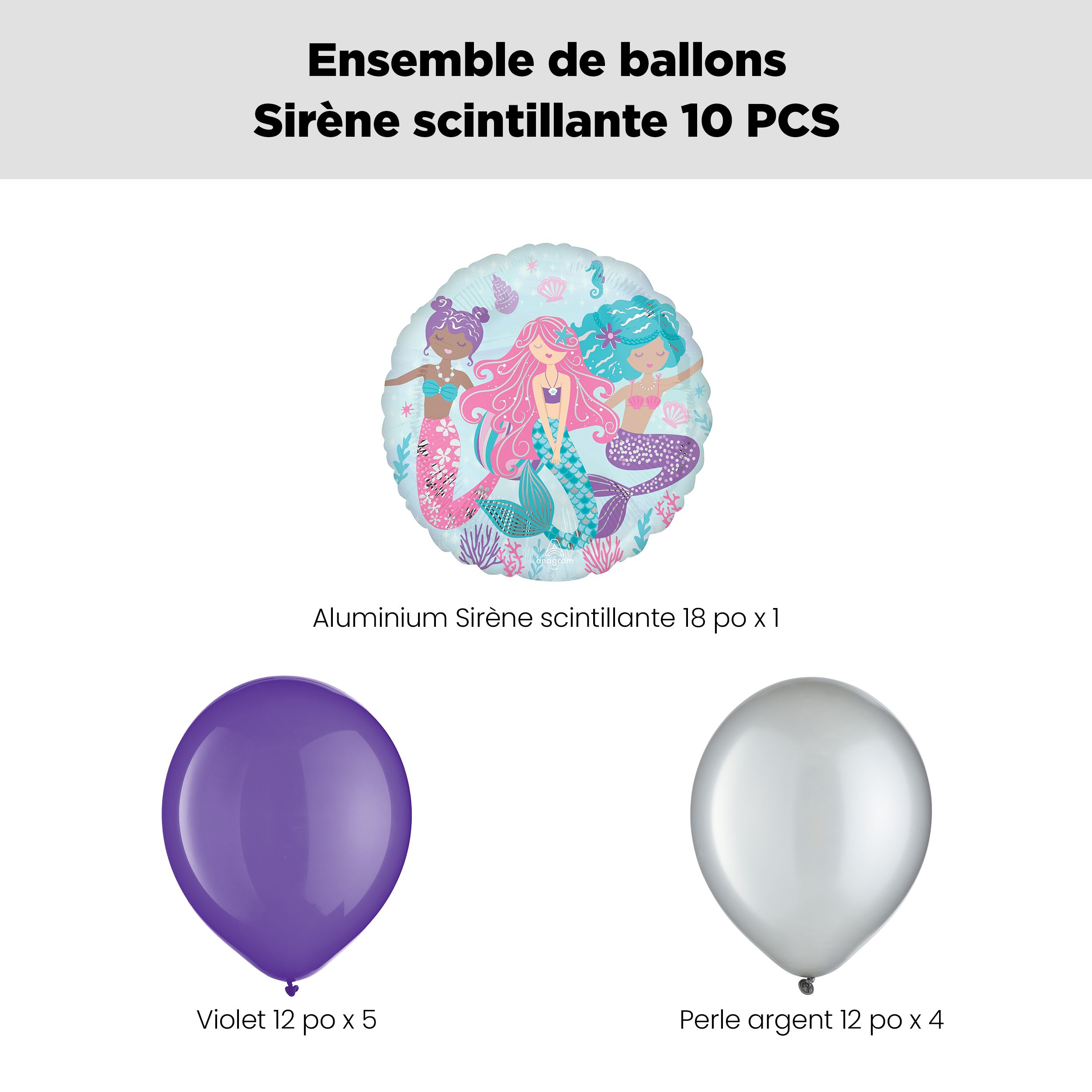 Bouquet de ballon sirène chatoyante avec ballons en latex violets et argentés, 10 pièces, gonflement à l'hélium et ruban inclus, pour fête d’anniversaire d’enfant Front_Flat