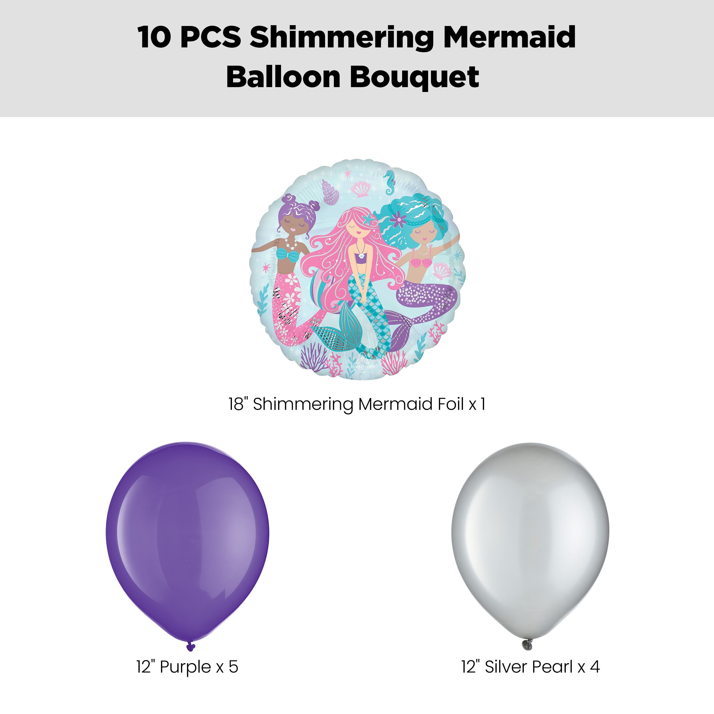 Shimmering Mermaid Balloon Bouquet with Latex Balloons, Purple/Silver, 10-pk, Helium Inflation & Ribbon Included for Kids’ Birthday Front_Flat