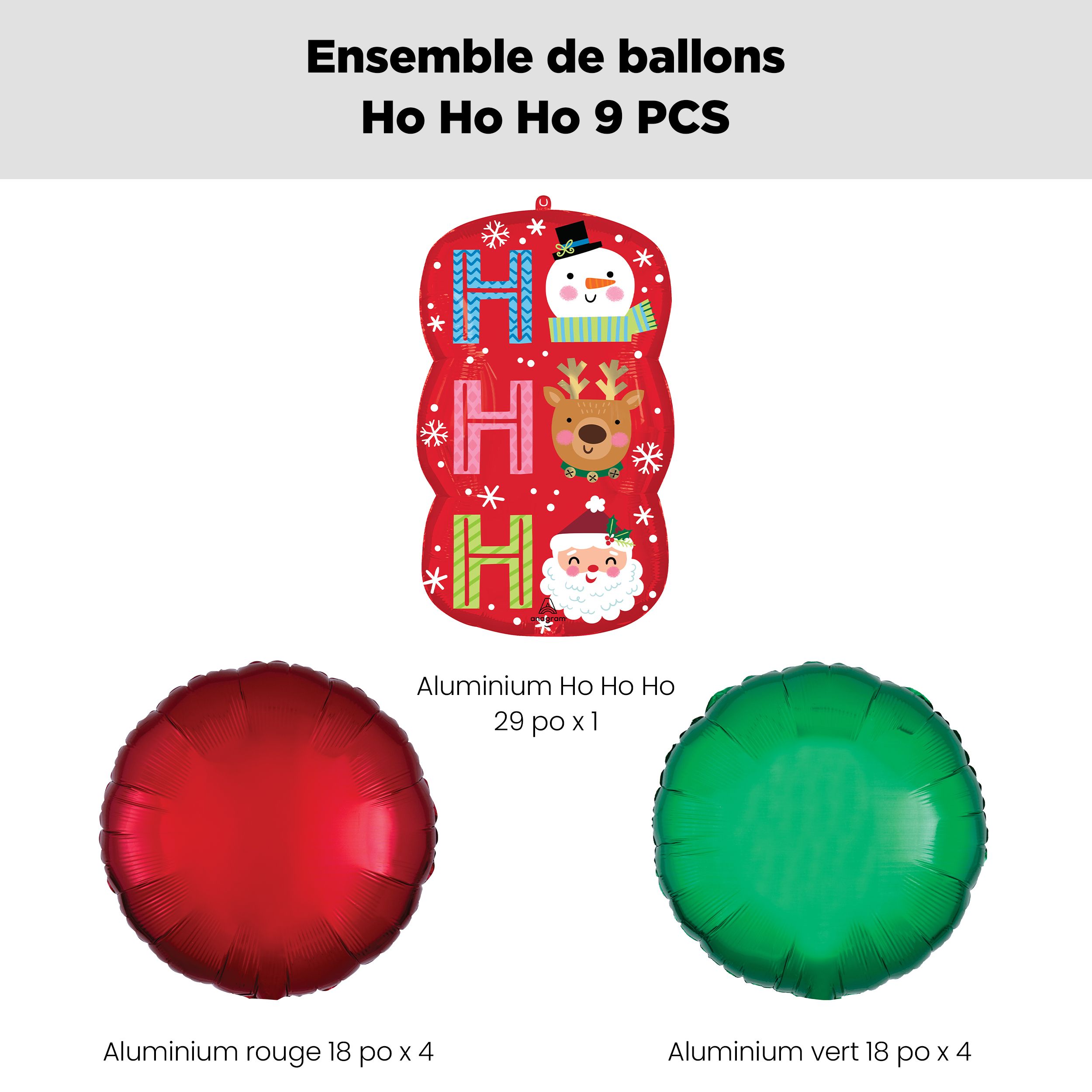 Bouquet de ballon géant en forme de «&nbsp;Ho Ho Ho&nbsp;» avec ballons ronds en aluminium, rouge/vert, 9&nbsp;pièces, gonflement à l’hélium et ruban inclus pour Noël Front_Flat