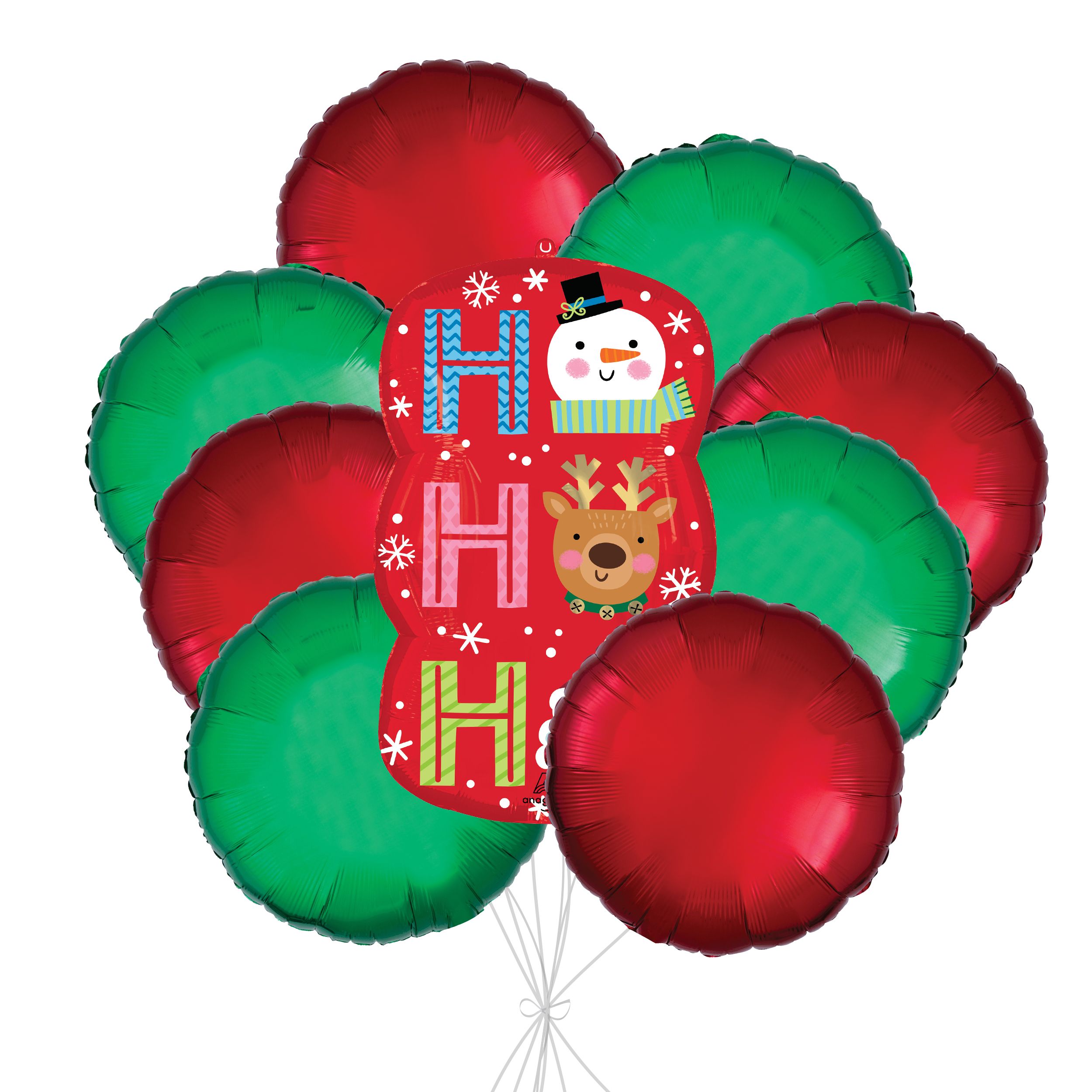 “Ho Ho Ho” Supershape Balloon Bouquet with Round Foil Balloons, Red/Green, 9-pk, Helium Inflation & Ribbon Included for Christmas Front_Flat