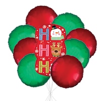 “Ho Ho Ho” Supershape Balloon Bouquet with Round Foil Balloons, Red/Green, 9-pk, Helium Inflation & Ribbon Included for Christmas Front_Flat